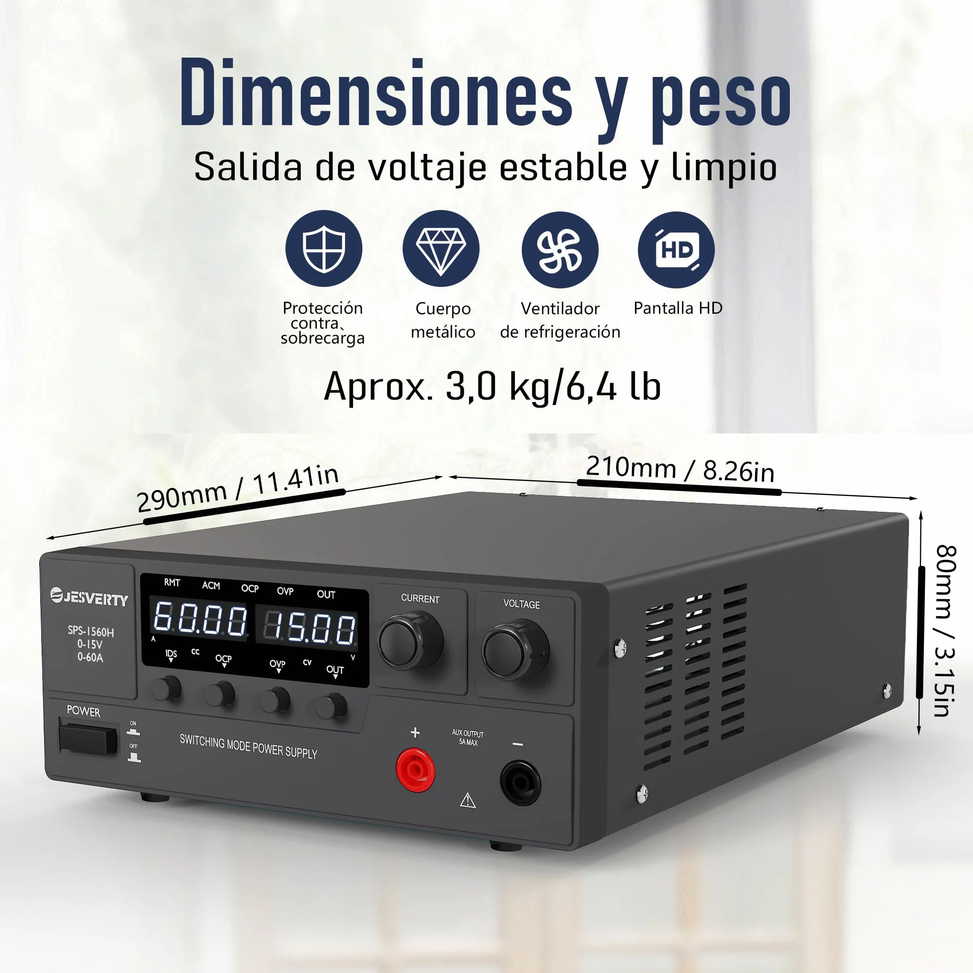 Fuente de Alimentación Regulable, 0-15V 0-60A Conmutación de CC regulada Fuente de alimentación de banco con mando codificador, interruptor de encendido/apagado de salida, OVP y OCP Jesverty SPS-1560H