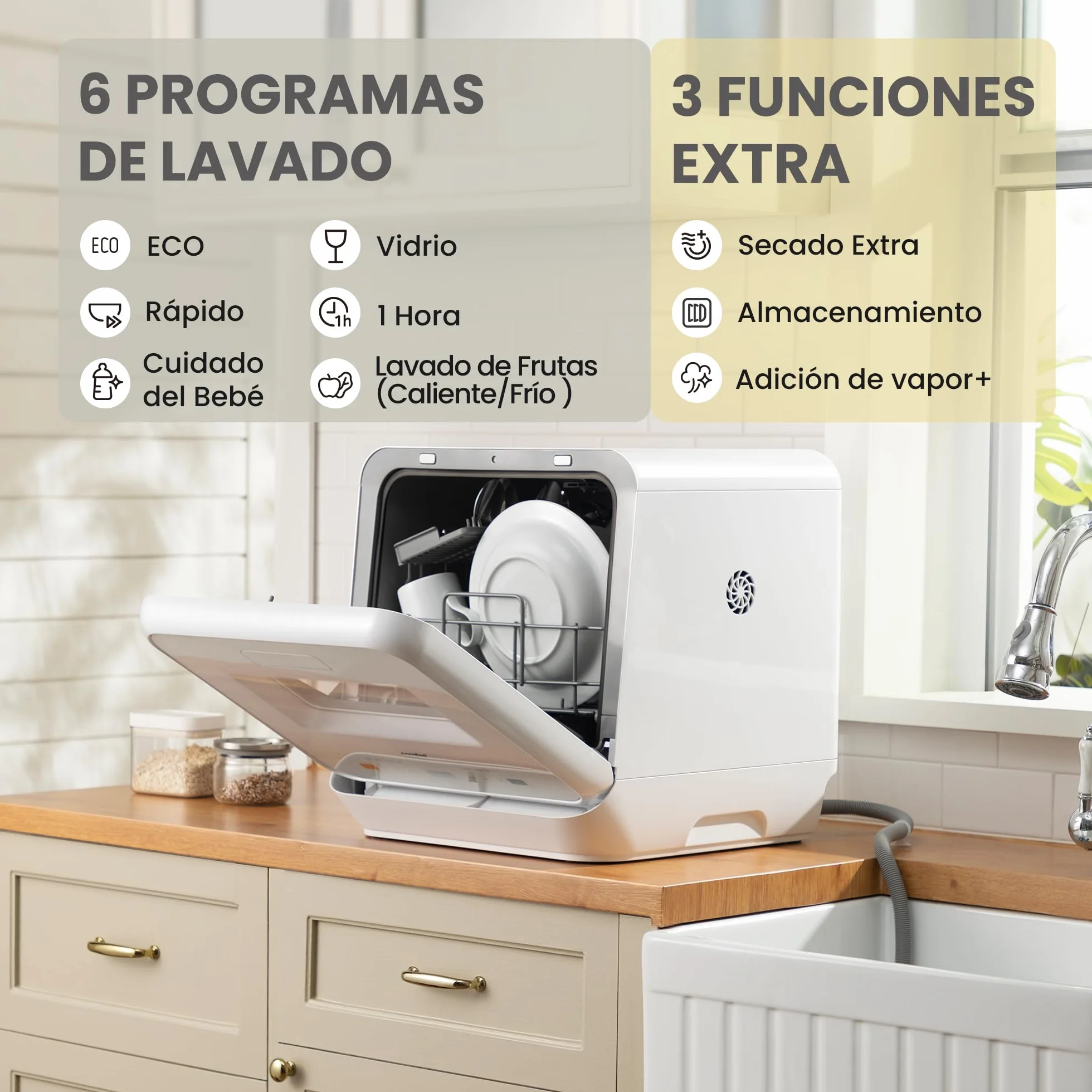 COMFEE' Lavavajillas de Encimera Mini, 6 Programas, Lavado con Vapor, Cuidado del Bebé, Lavado de Frutas, Sin Fontanería, Inicio Diferido, 72h Almacenamiento, Blanco