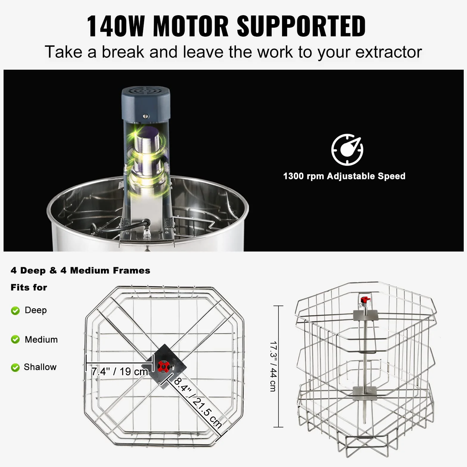 VEVOR Extractor de Miel Eléctrico 4/8 Marcos Centrífuga Separador de Miel 140 W de Acero Inoxidable con Tapa Adecuado para Nido de Abejas Tamaño Profundo 48 x 23 cm Mediano 48 x 16 cm Altura Ajustable