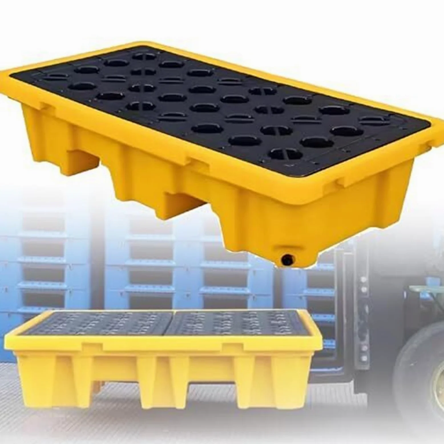Cubeta de Retencion con Desague y Entradas de Carretilla, Palet Antiderrame de HDPE for Garaje, Plataforma Modular con Rejilla Desmontable, Control de Derrame Secundario(50 * 36 * 10cm)