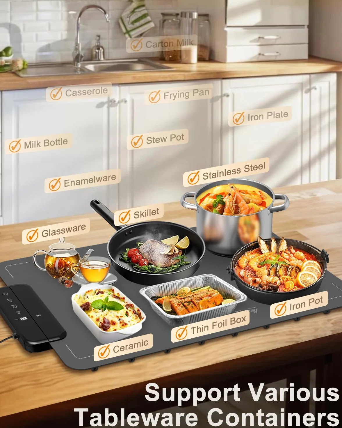 Alfombrilla Térmica para Alimentos con 6 Temperaturas, Bloqueo Infantil, Apagado Automático y Temporizador