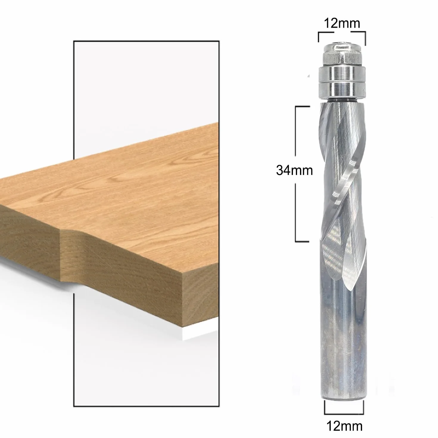 Fresa de enrasado en espiral, fresa en espiral de 12 mm, metal duro completo/VHM CNC Fresa superior con doble rodamiento de bolas, fresa a ras para cortar (Up-Cut 32 mm de longitud de