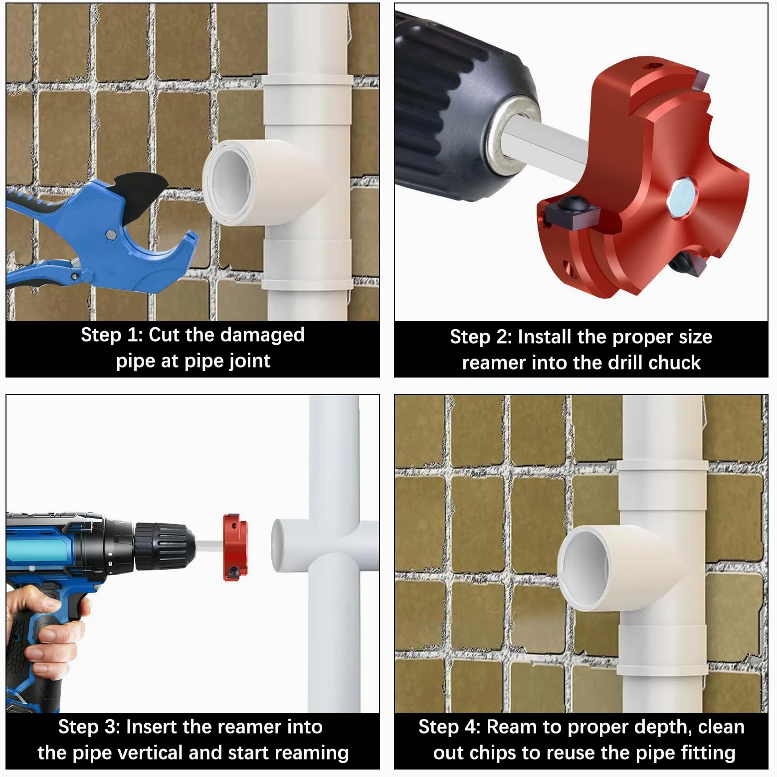 Escariador de tubería de PVC de triple hoja de 1-1/2 pulgadas y 2 pulgadas, protector de enchufe de PVC con kit de escariador de montaje de tubería de plástico, herramienta de fontanería para cubo de