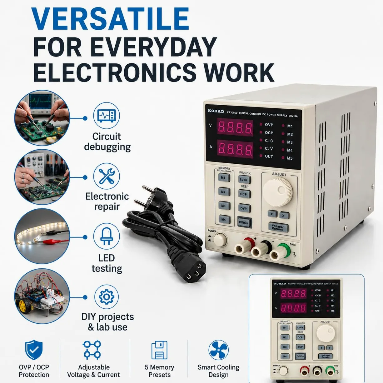 Alimentación de laboratorio ka3005d 0-30 V/0-5 A convertidor de tensión | Alimentación estabilizada e DC ajustable y programable con pantalla LED de 4 dígitos de alta precisión