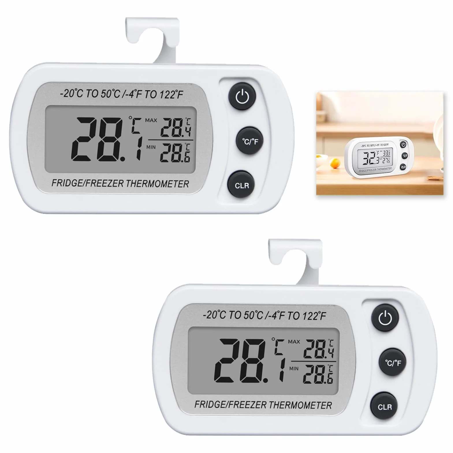 Termómetro Frigorífico Digital para Nevera y Congelador, Pantalla LCD Grande Impermeable, Memoria Máx/Mín, 2 Piezas