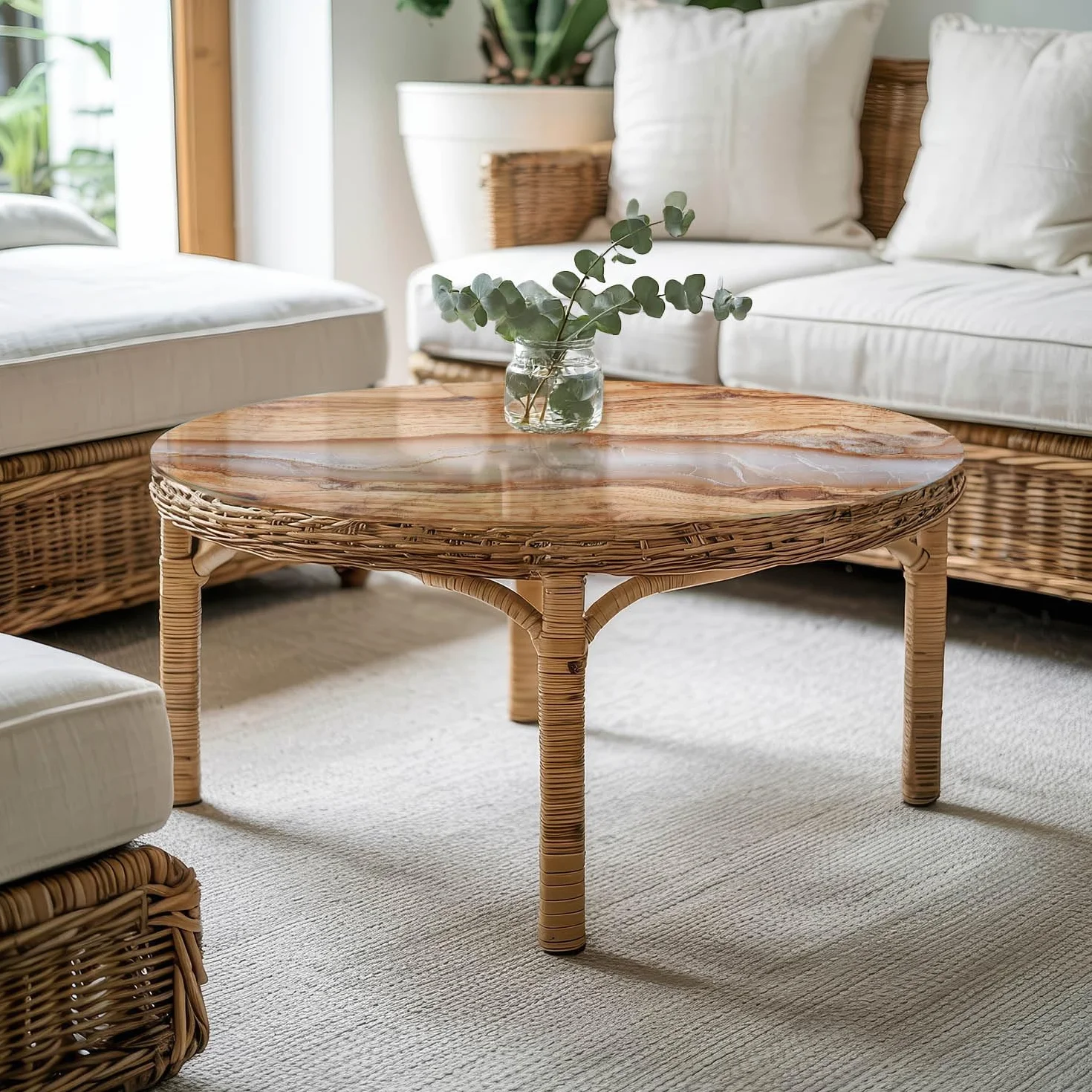 Tablero De Cristal Redondo para Mesa Ø 80 cm | Placa De Seguridad | Topes Antideslizantes | Instalación Rápida | Bordes Pulidos | para Salón y Comedor | Diseño Moderno - Madera Natural con Resina