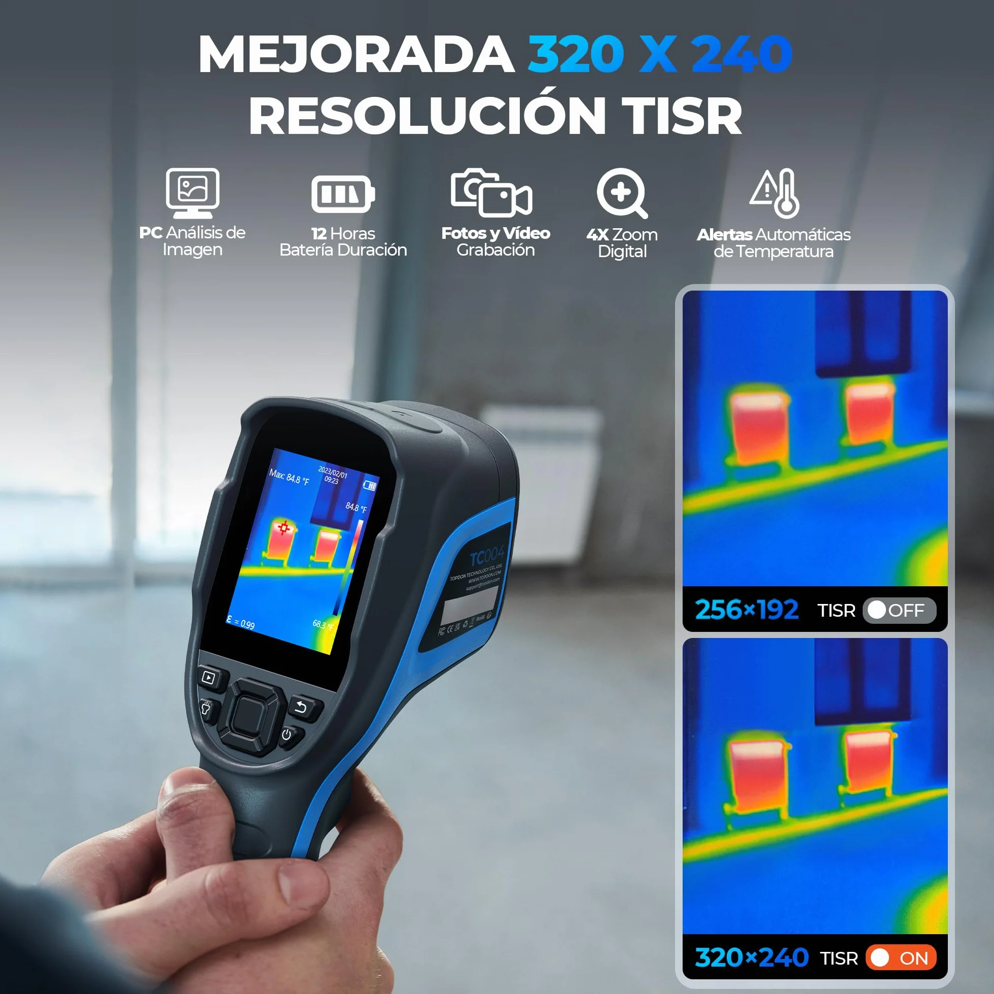 TOPDON TC004 Camara Termica, 320x240 TISR alta Resolución, Cámara Termográfica Infrarroja Profesional con Análisis de PC y Grabación de Video, 16GB Tarjeta Micro SD, Duración de Batería de 12 Horas