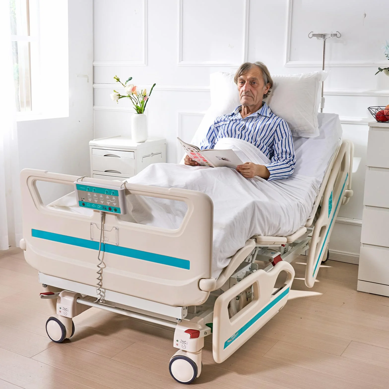 VEVOR Cama de Hospital Eléctrica de 5 Funciones de Primera Calidad para UCI con Posición de Silla Cardíaca, Trendelenburg y el Inverso, Ruedas de Bloqueo, 2085 x 1025 x 455-745 mm, Blanco y Azul