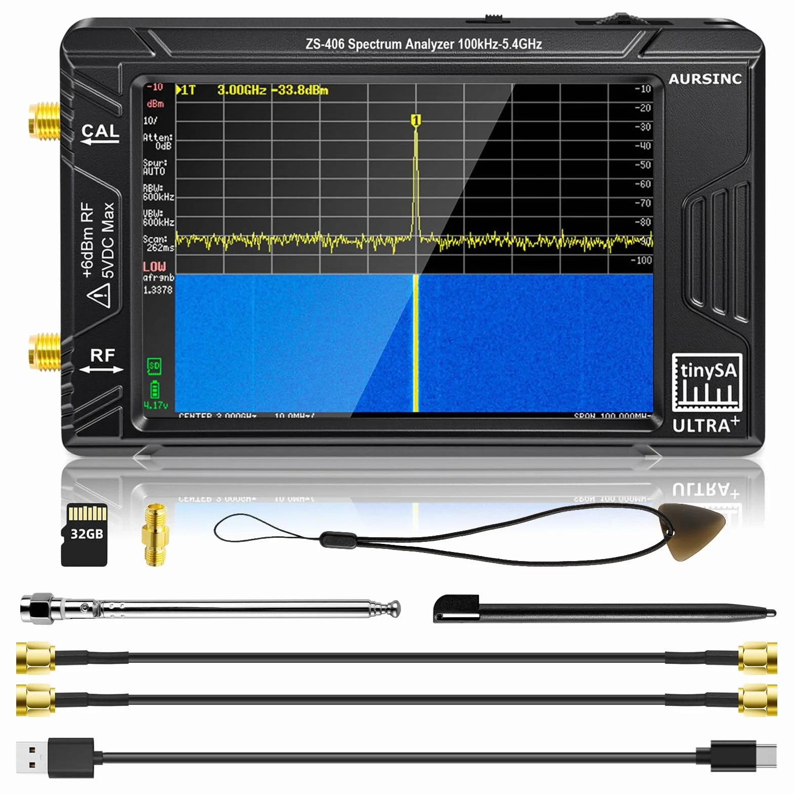 AURSINC TinySA Ultra+ ZS406 Analizador de Espectro, 2025 Actualizado HW V0.4.6 de 4.0 pulgadas 100kHz-5.4GHz con tarjeta de 32Gb, generador de señal 2 en 1 de 100kHz a 900MHz MF/HF/VHF/UHF Entrada