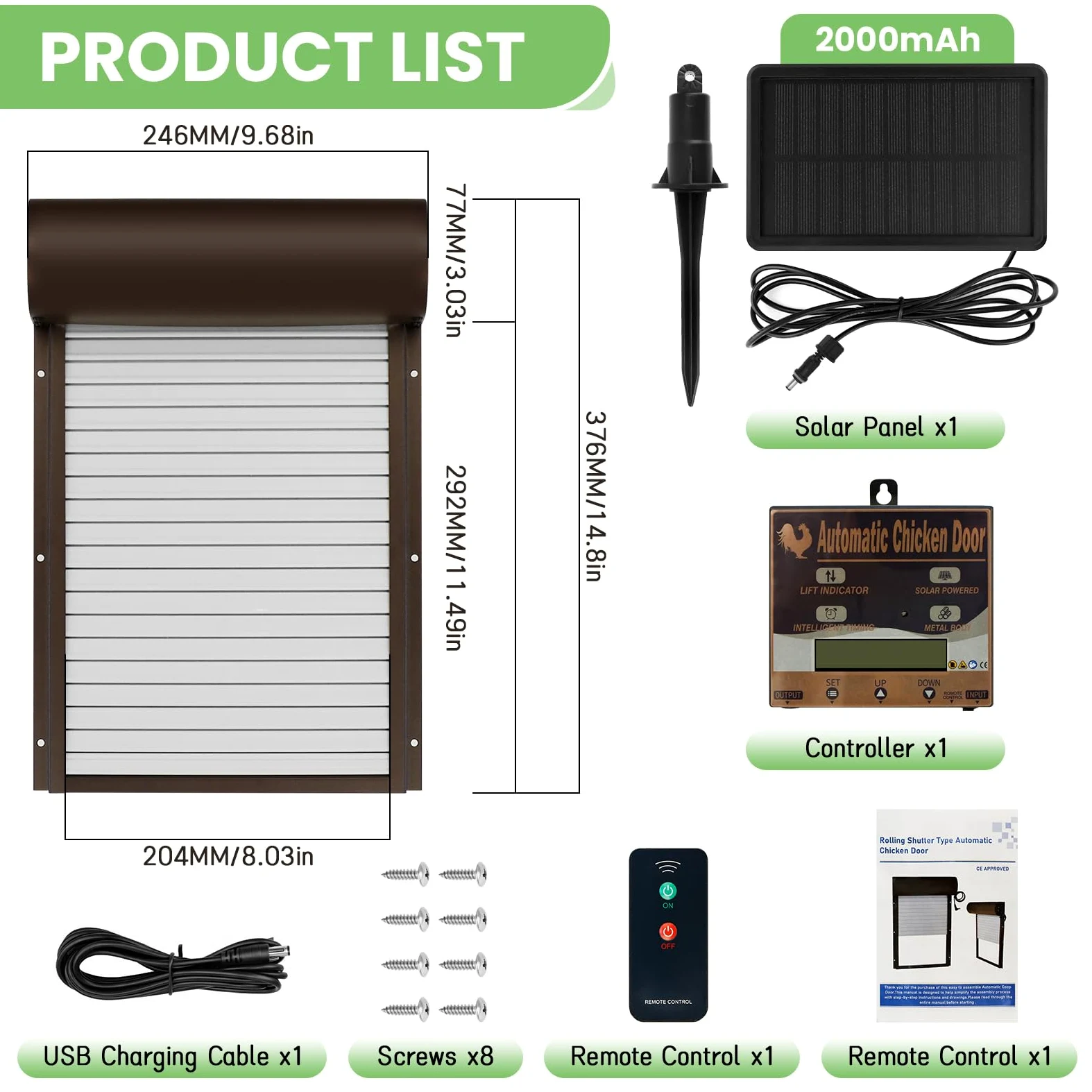 Batería automática de gallina, Puerta de Pollo eléctrica automática | con temporizador, panel solar, mando a distancia, manual, protección inteligente contra pellizcos