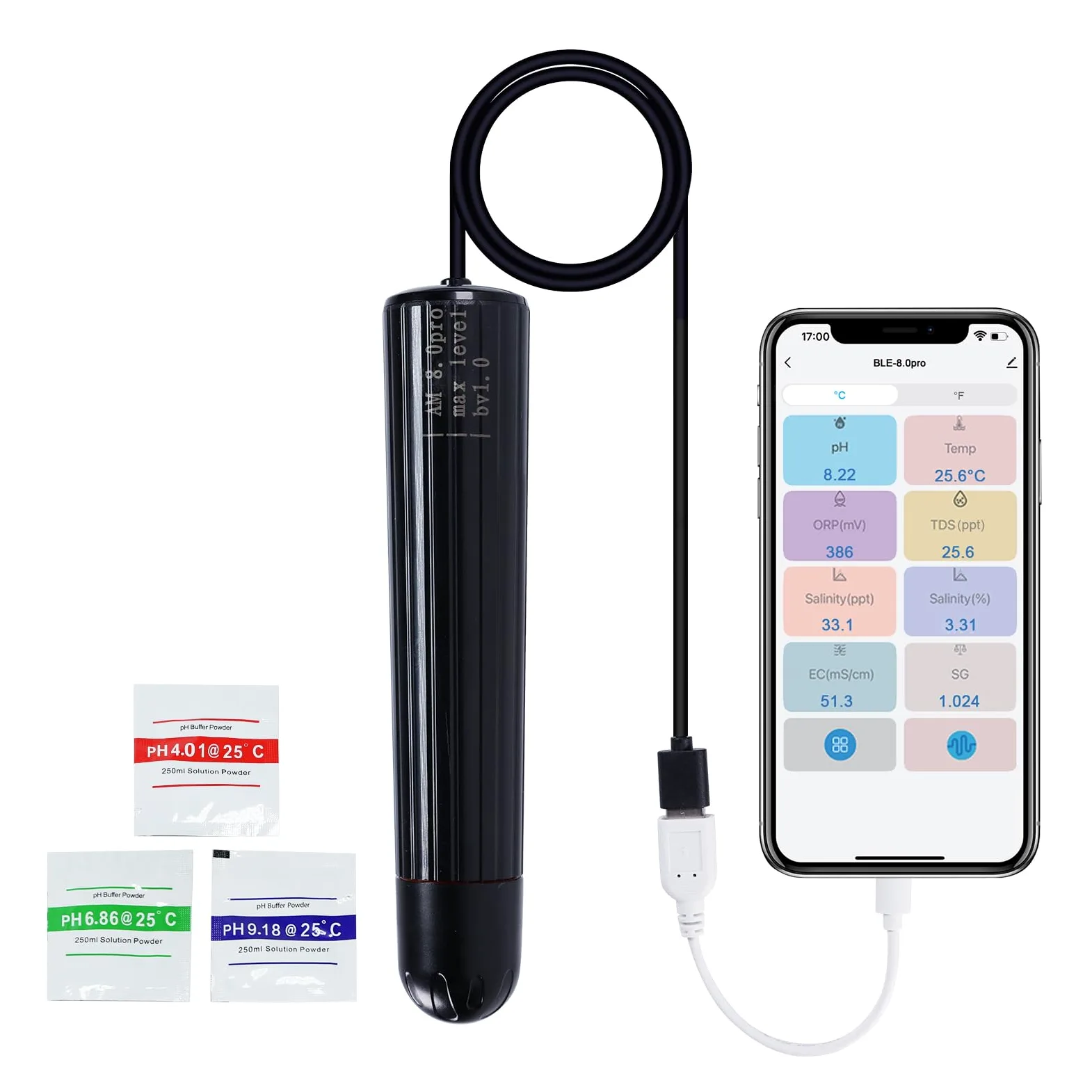 TEKCOPLUS Monitor inteligente WiFi de calidad del agua, 7 en 1, probador digital de acuario e hidropónico para pH, temperatura, TDS, salinidad EC, gravedad específica y sonda multiparámetro ORP en