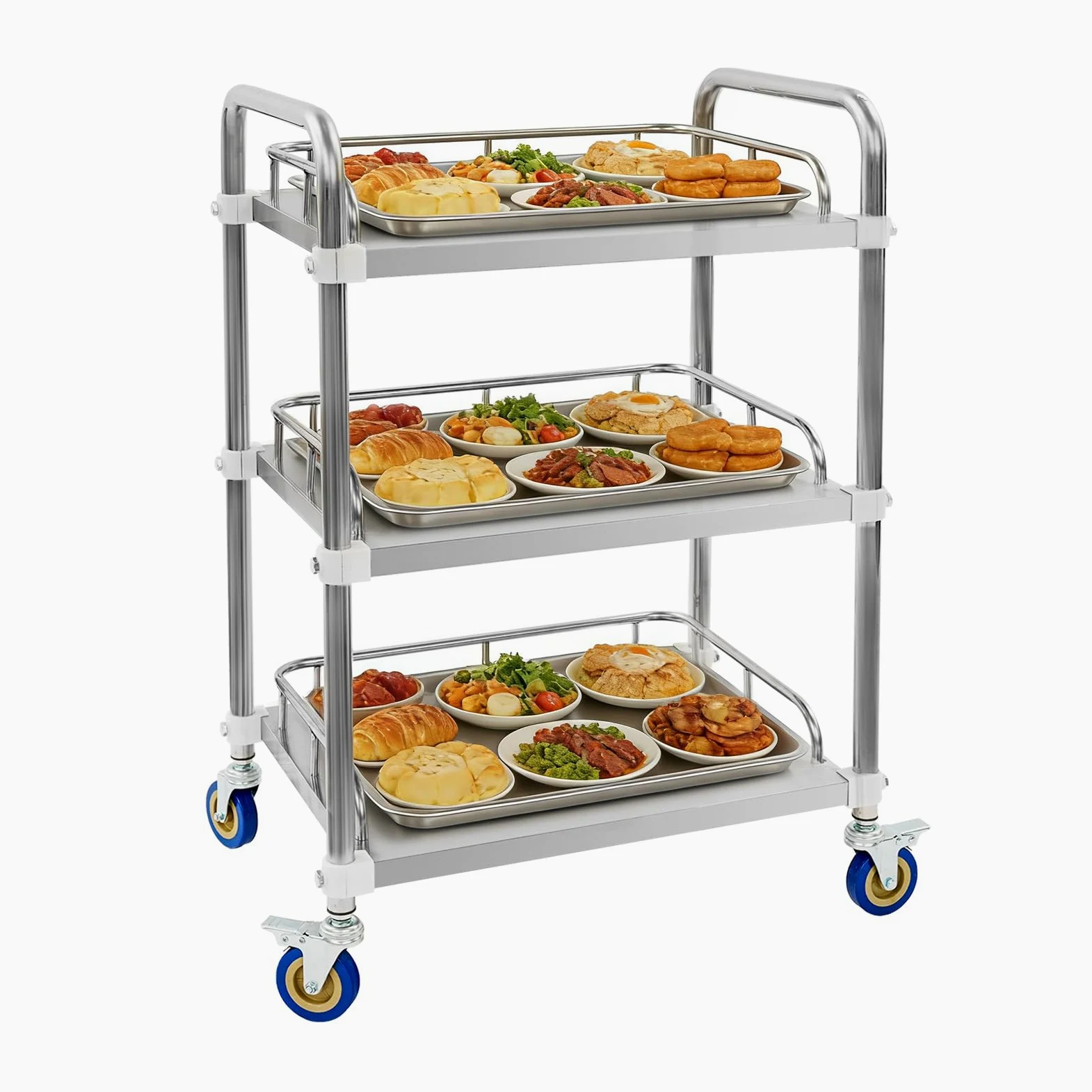 Carro de acero inoxidable para servicio de laboratorio, 3 estantes, carro de servicio de laboratorio, carrito de té, carrito de cocina de acero inoxidable con 4 ruedas giratorias, 2 frenos