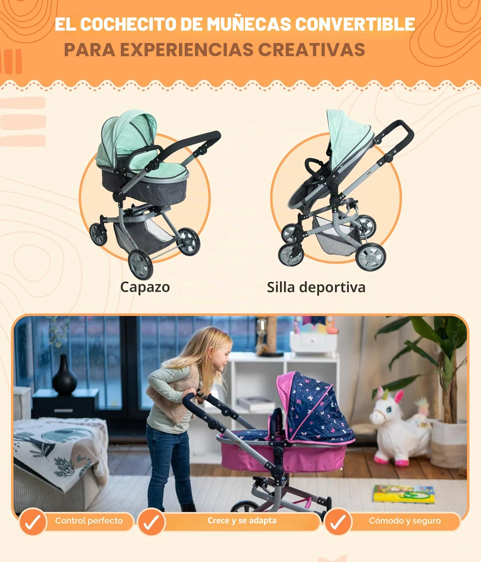 Bayer Chic 2000 Cochecito de muñecas Mika 2 en 1 para muñecas de hasta 52 cm Menta Melange