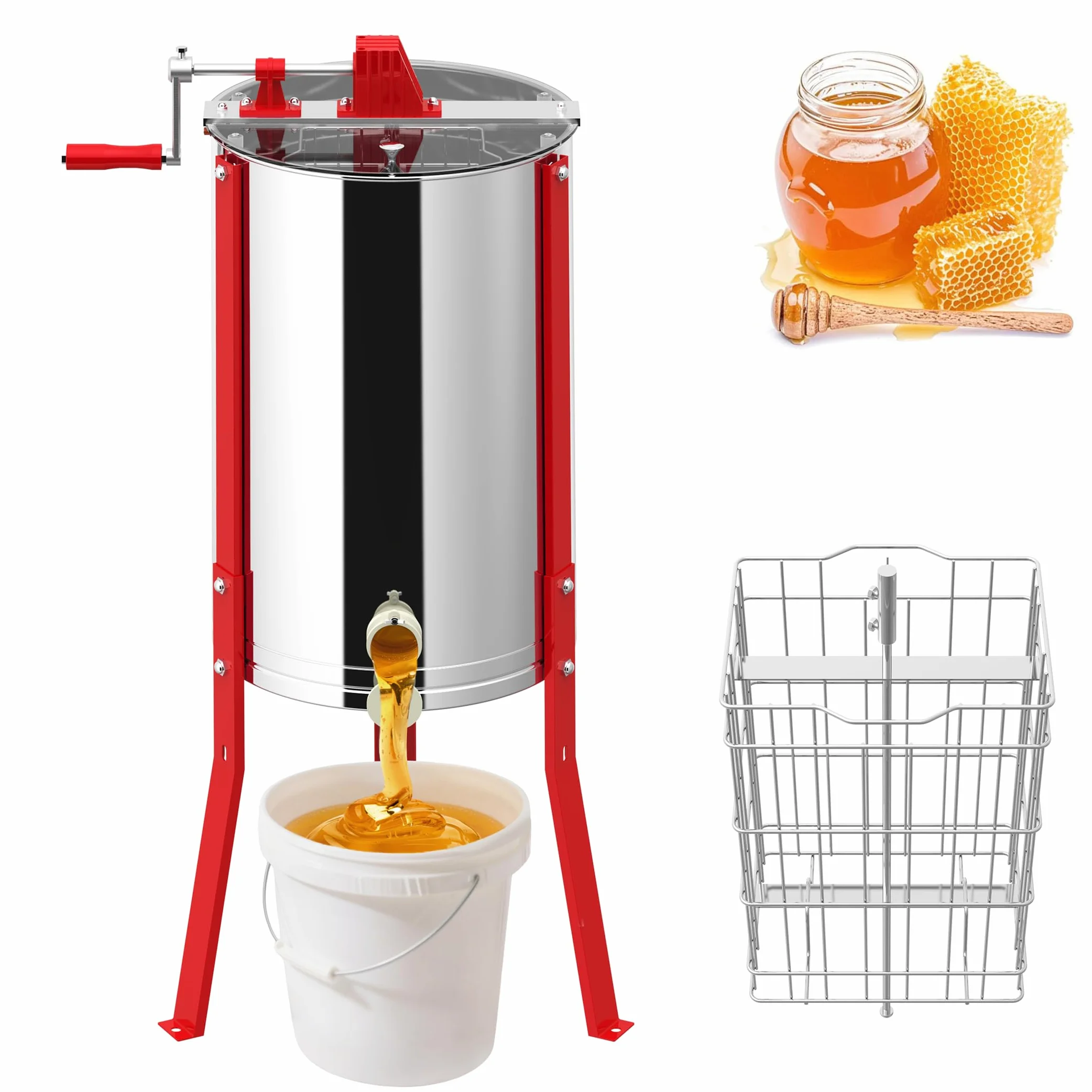 XMTECH Extractor de miel manual con 2 panales de abeja de acero inoxidable, extractor de miel tangencial con tapa de visión y ajuste de altura, tirachinas para aficiones y profesionales, salida de