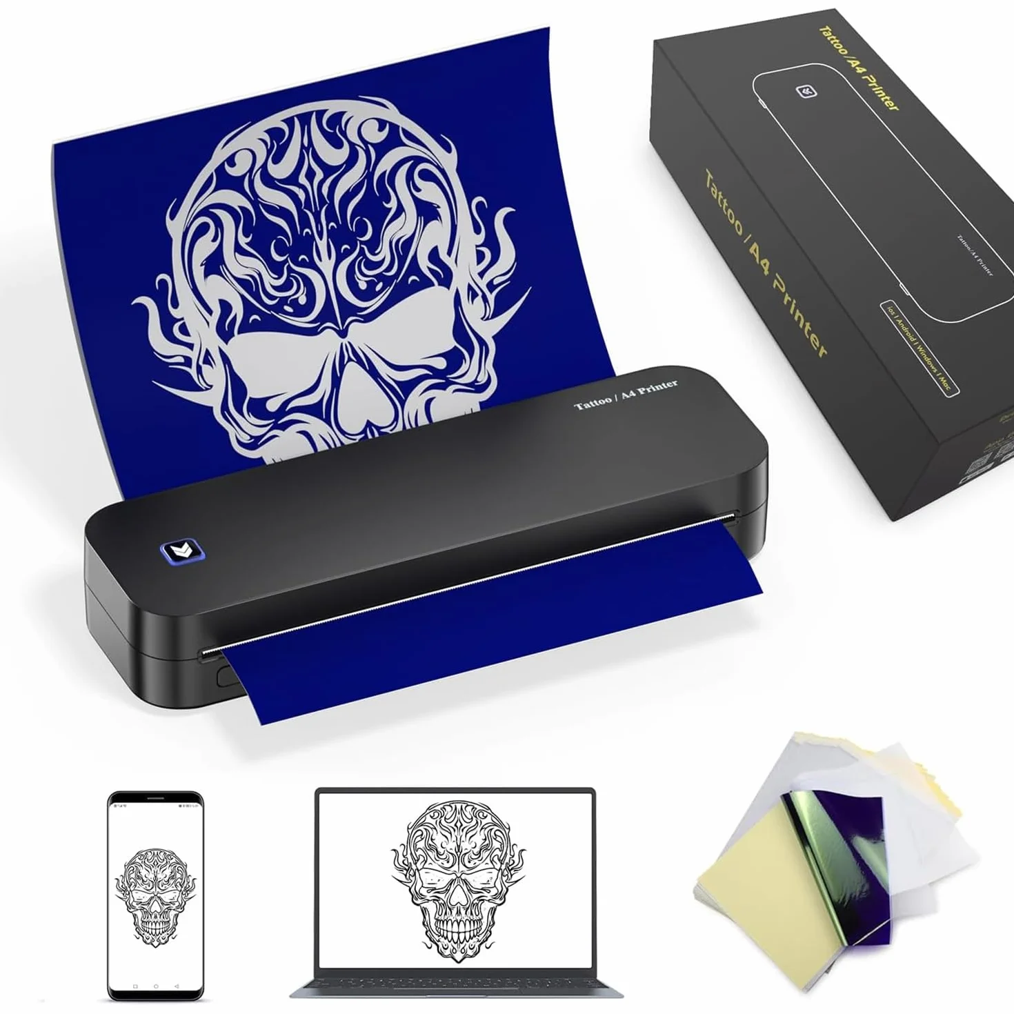 TATELF Termocopiadora Tattoo Bluetooth MP-8028 Impresora Térmica Tattoo, Impresora portatil inalambrica con 20 Papel Transfer Tattoo con iPad y Phone y PC