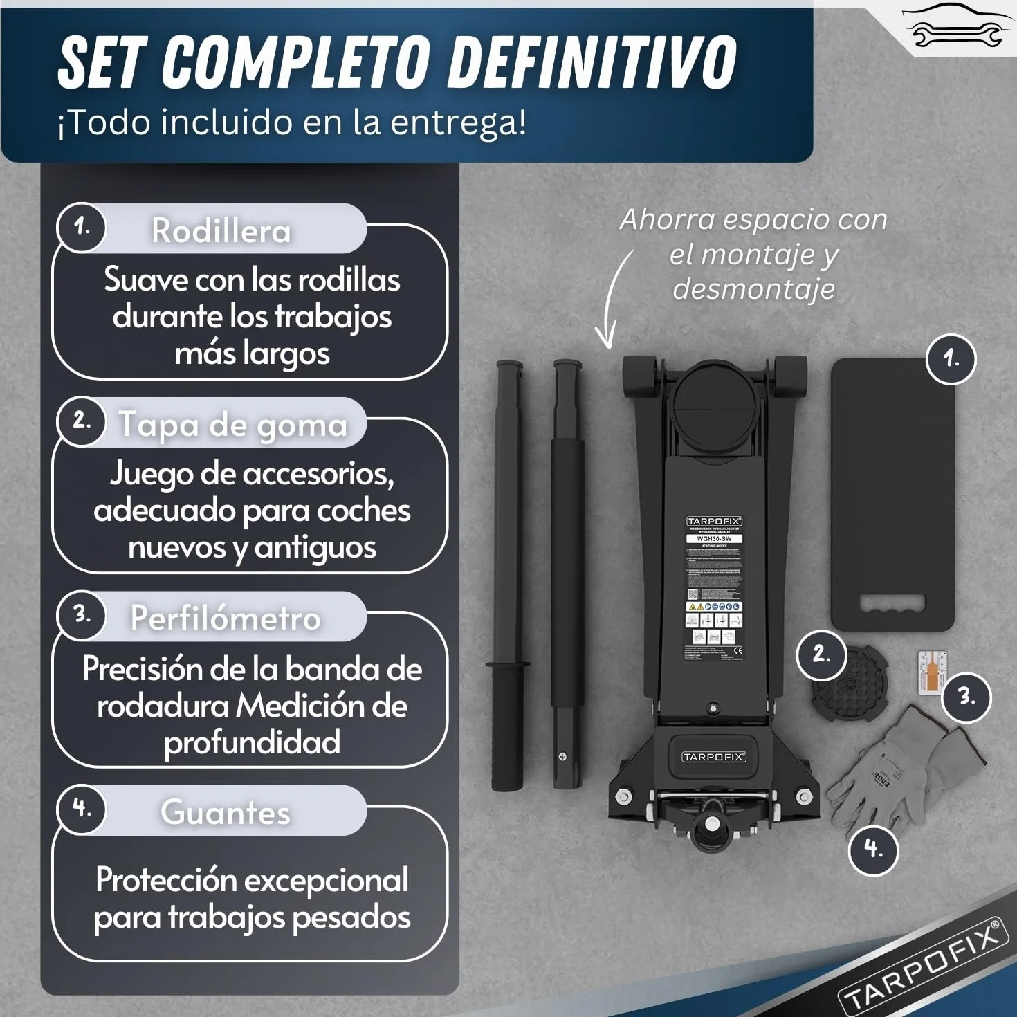 Tarpofix® Gato Hidraulico para Coche 3T — Gato Hidráulico Tipo Carretilla 3000 Kg, 85–475 Mm De Elevación, Doble Cilindro, Perfil Bajo para SUV Y Coches Bajos