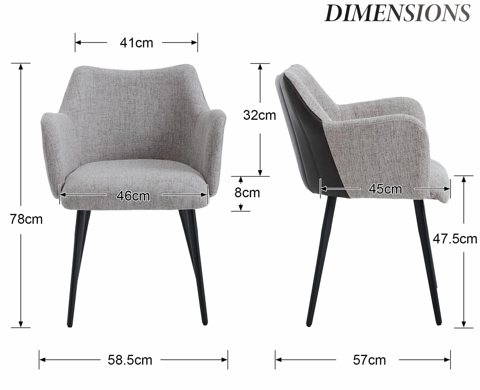 chairus Juego de 2 Sillas de Comedor Cuero PU Silla para Cocina con Brazos, Sillas Modernas con Patas de Metal para Salón/Restaurante, Gris