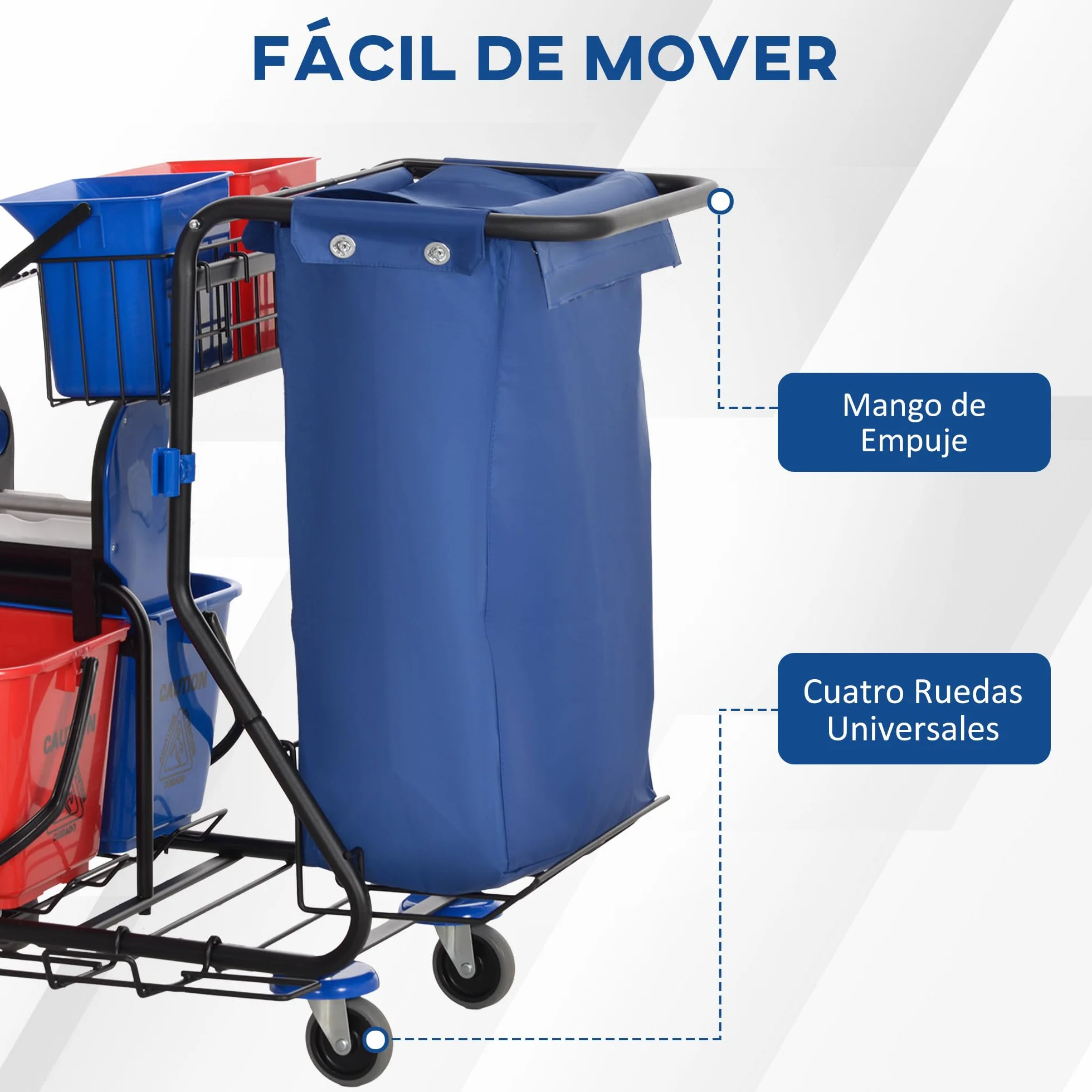 HOMCOM Carro de Limpieza con Bolsa de Basura Carro de Servicio con Doble Cubo de 18 litros Escurridor de Prensa 2 Cubetas Auxiliares 93x80x97 cm Rojo y Azul