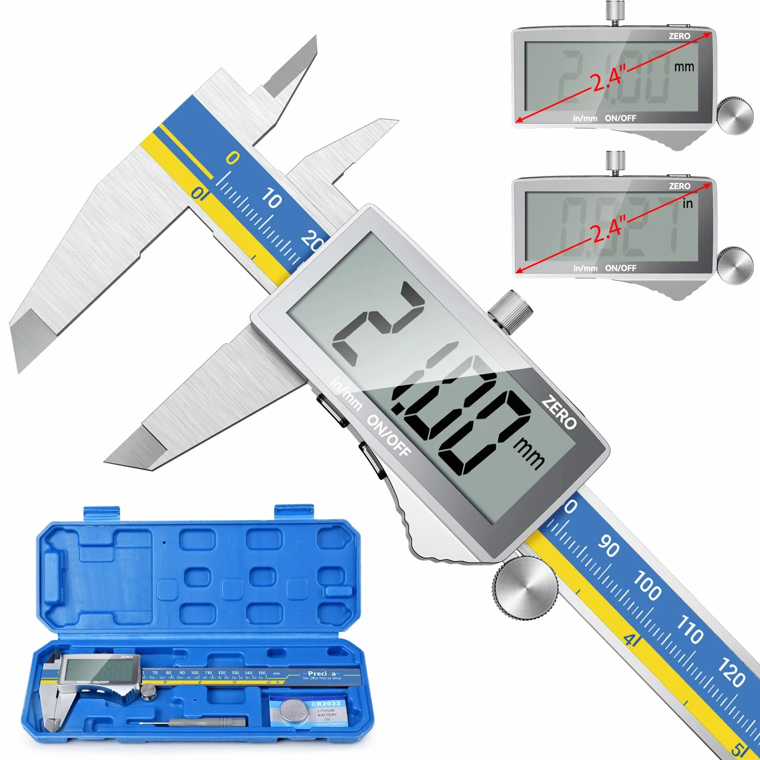 Preciva Pie de Rey Digital de Acero Inoxidable 150mm, Calibrador Electrónico con Pantalla LCD, Medición Interior Exterior Profundidad