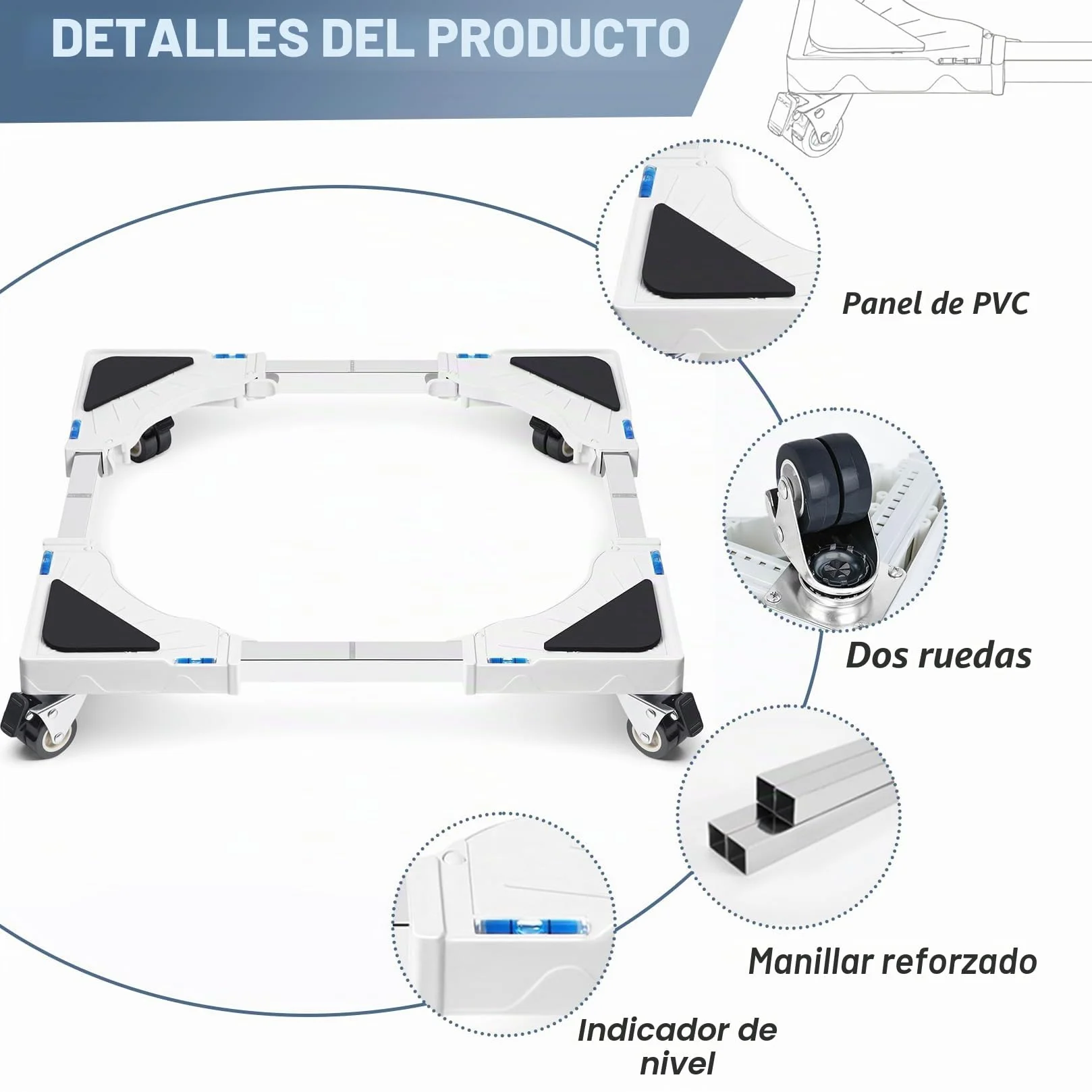 Soporte Lavadora Secadora Carga 200KG, Ancho Regulable 40-60cm, Base con Ruedas Freno, Antivibración, Blanco
