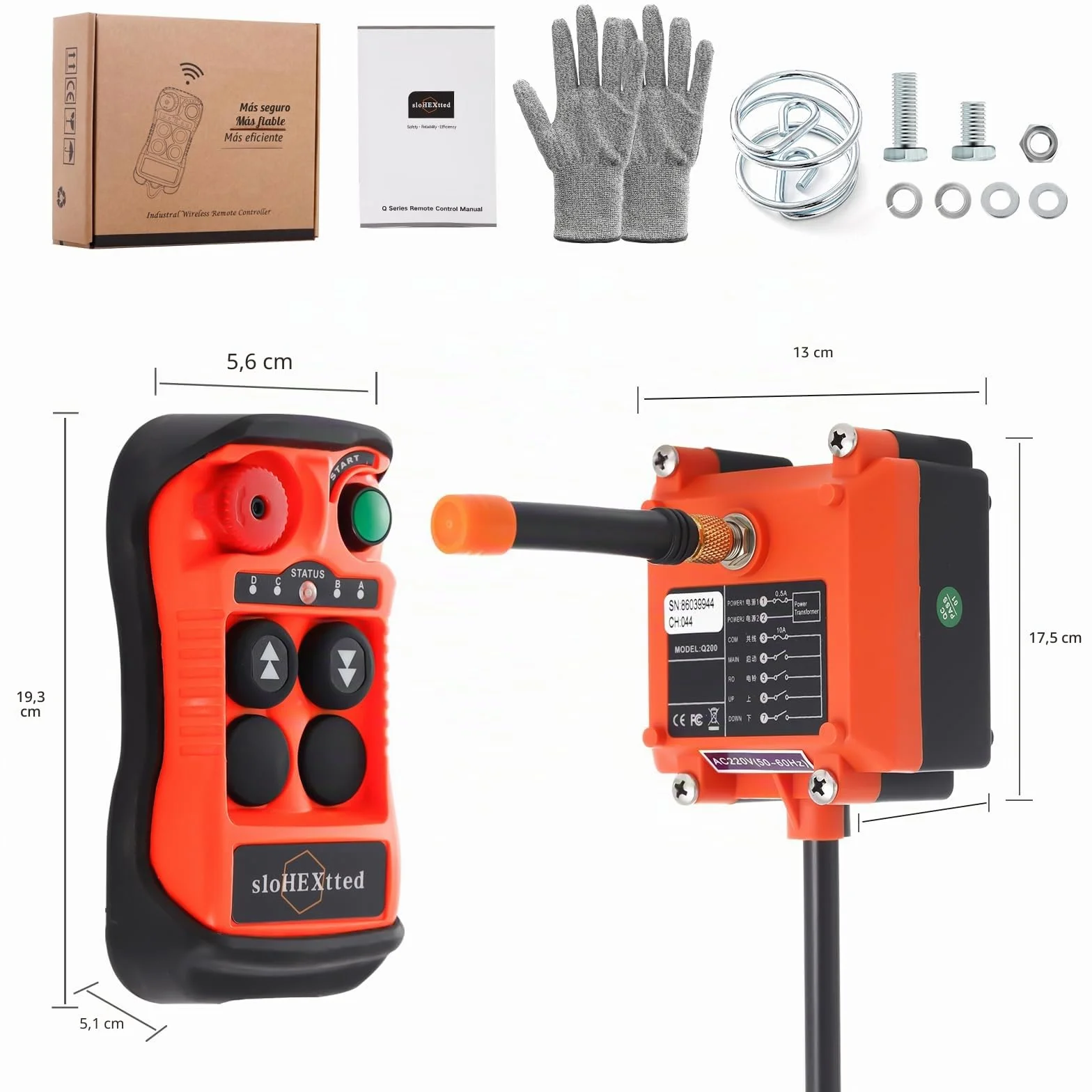 Control remoto industrial inalámbrico de 2 botones para grúa y polipasto eléctrico 12-24V | Mando radio para polipasto eléctrico de cadena y puente grúa, emisor y receptor con botón de parada de emergencia.
