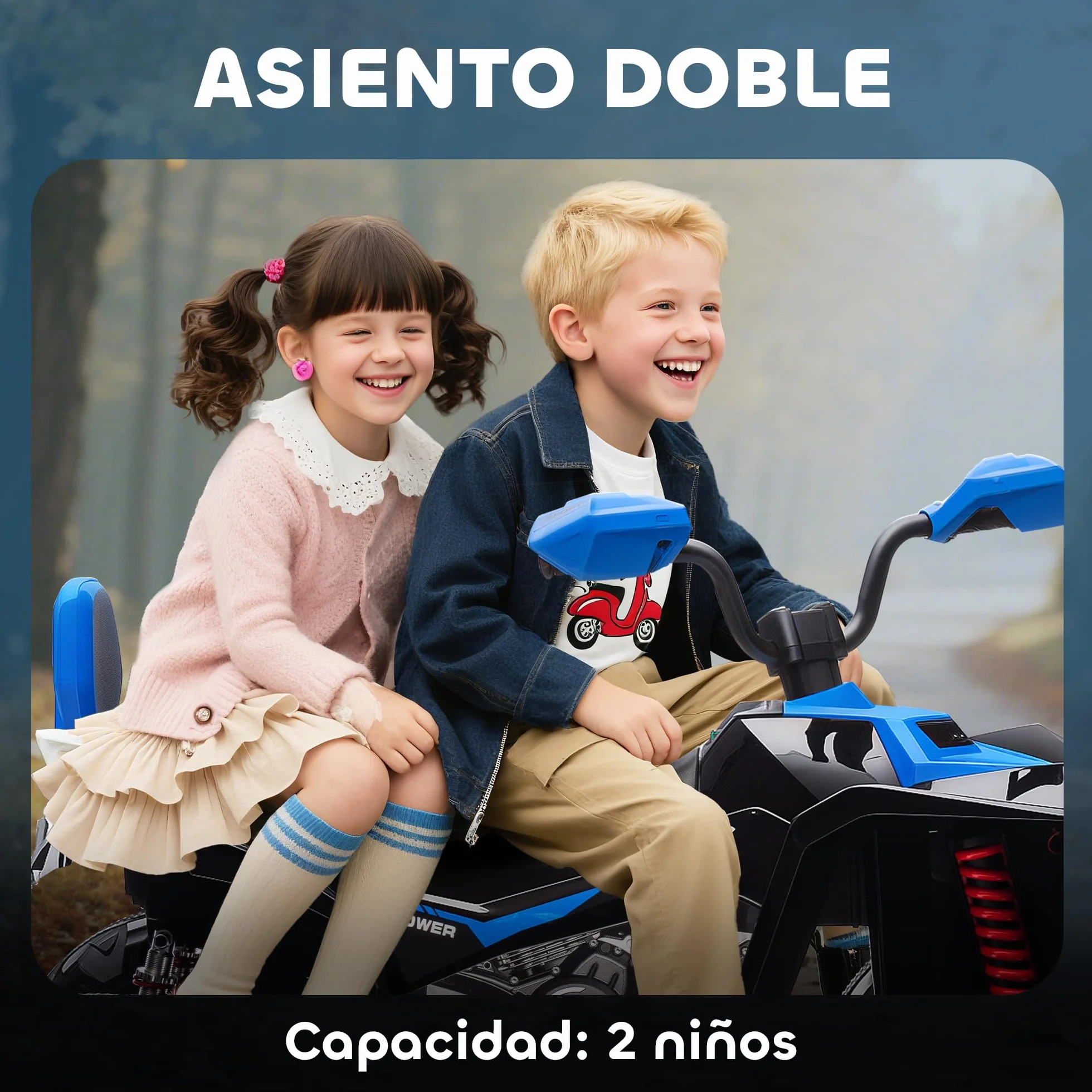 AIYAPLAY Quad Eléctrico para Niños 24V 2 Plazas 2 Motores 6,5 km/h Ruedas Suspensión Faros Bocina Música USB Azul