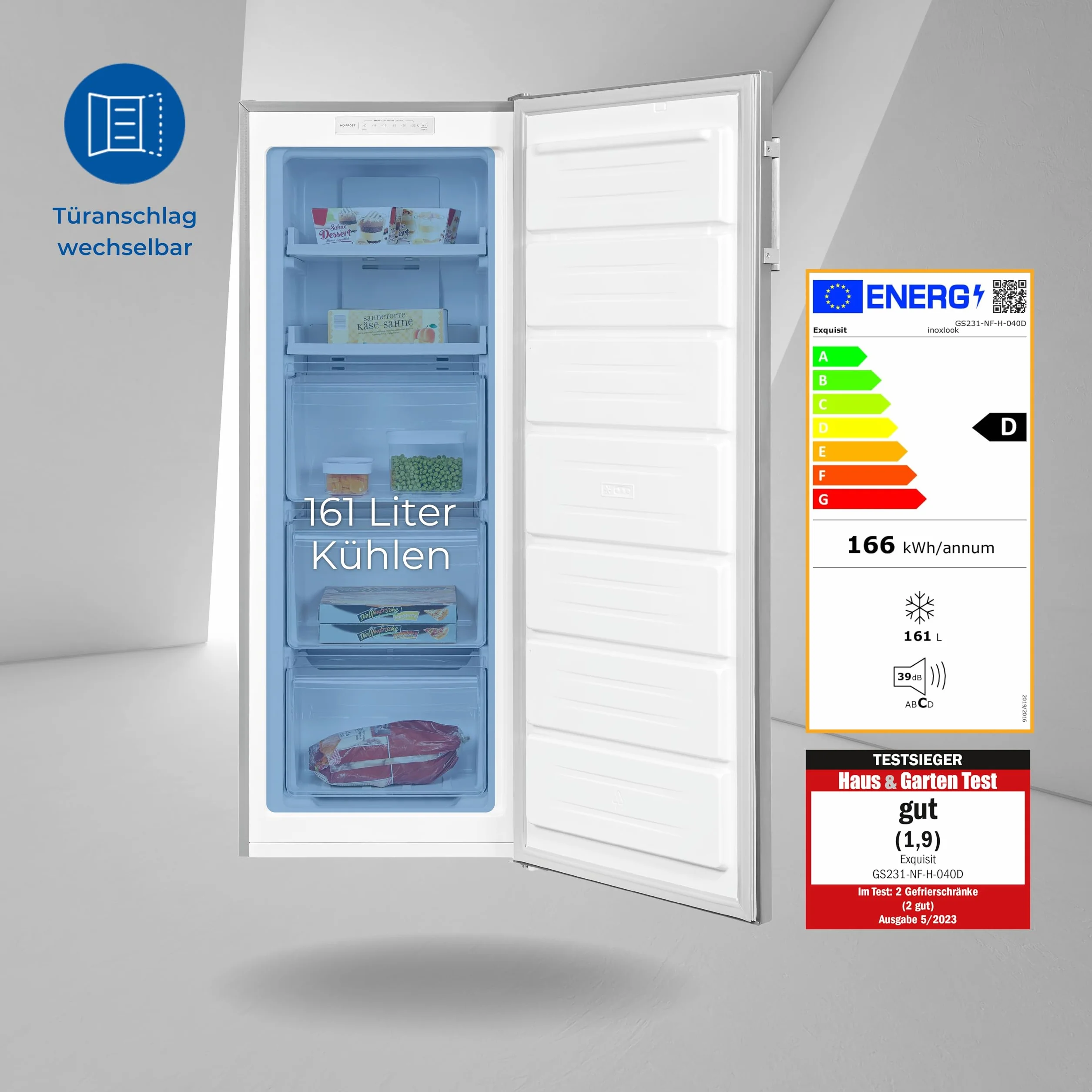 Exquisit Congelador Vertical No-Frost 161L Clase D Acero Inoxidable 143x54x60 cm