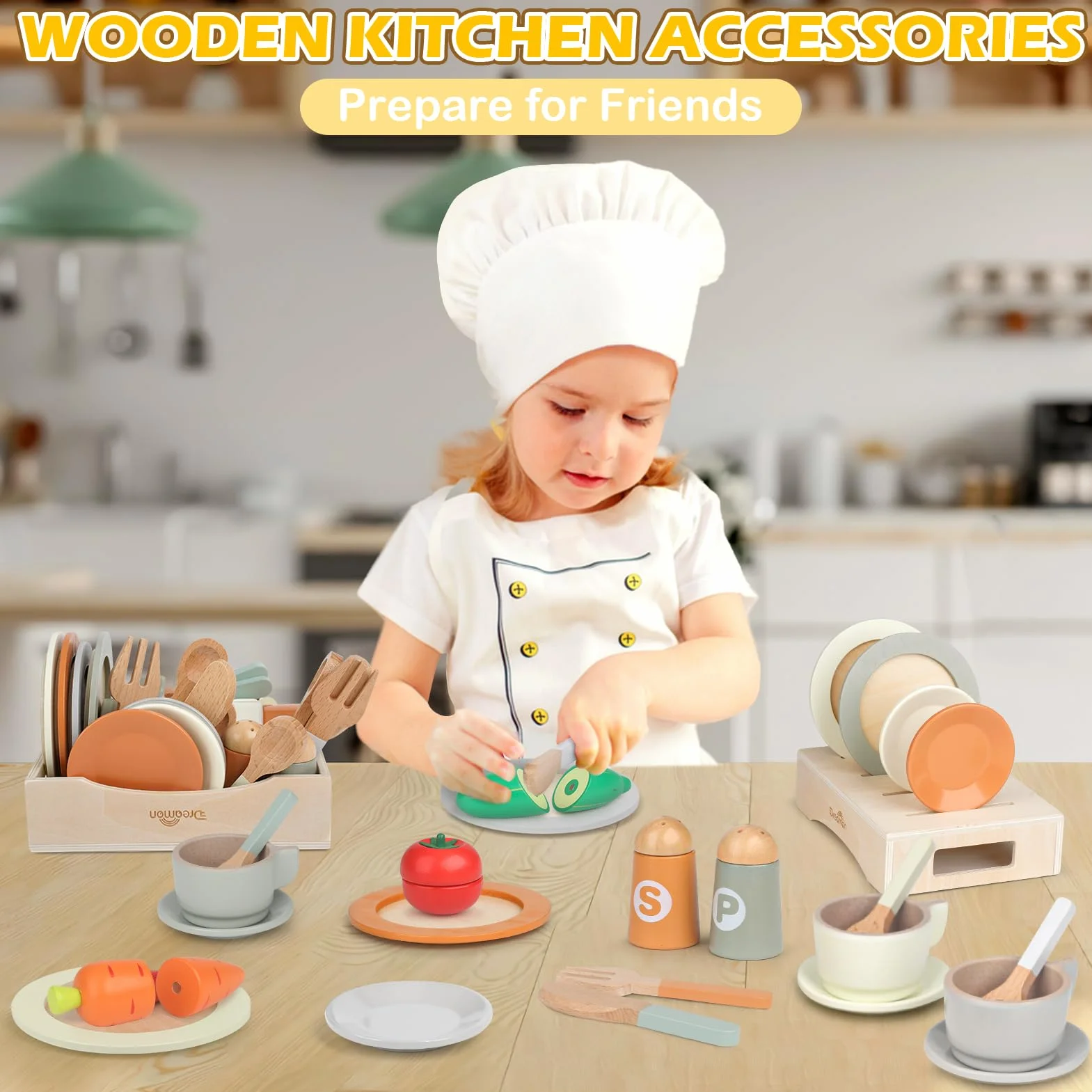 Dreamon Cocinita de Madera Infantil Juguetes de Cocina para Niños 27 Piezas Verde