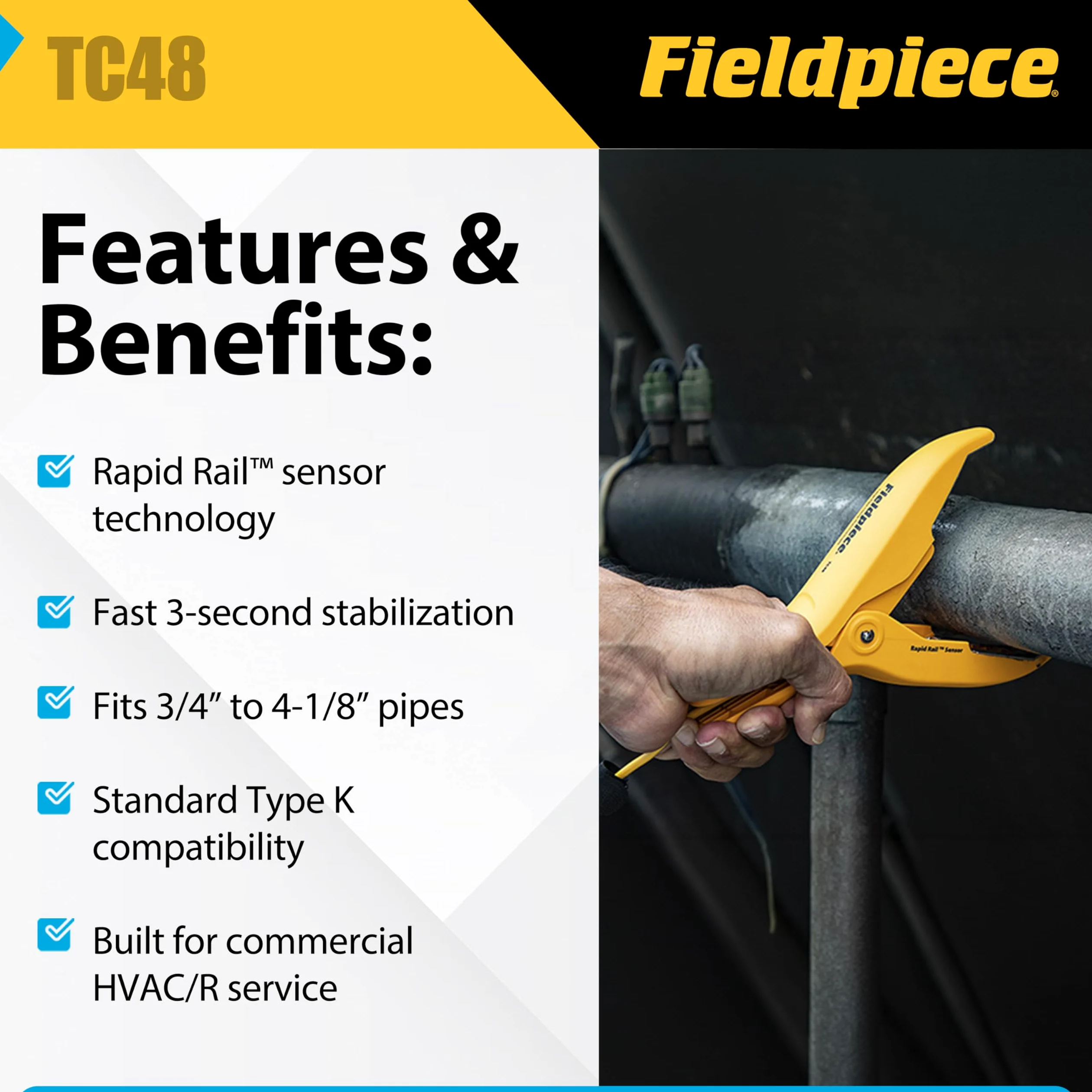 Fieldpiece TC48 Abrazadera de tubo grande tipo K termopar