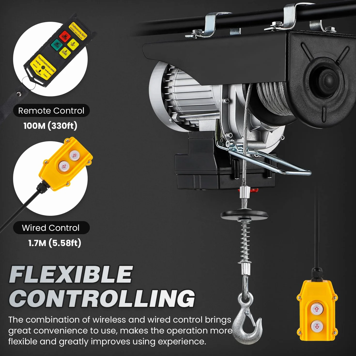 Mxmoonant Polipasto eléctrico, 140/280kg, tipo rápido 10/20m/min, elevación 10/20m, control inalámbrico y por cable, 1600W