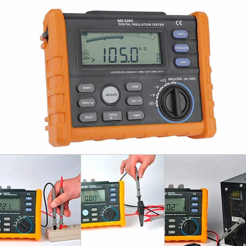 Probador de resistencia de aislamiento, PEAKMETER PM5205 Cálculo automático Medidor de voltaje CA y CC Probador de resistencia de tierra automático Megóhmetro Pantalla analógica digital 0.01MΩ-100GΩ 2