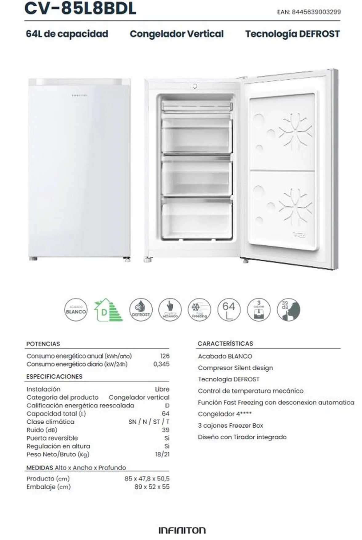 INFINITON Congelador Vertical CV-85L8BDL 64 Litros 85 cm Puerta Reversible Blanco