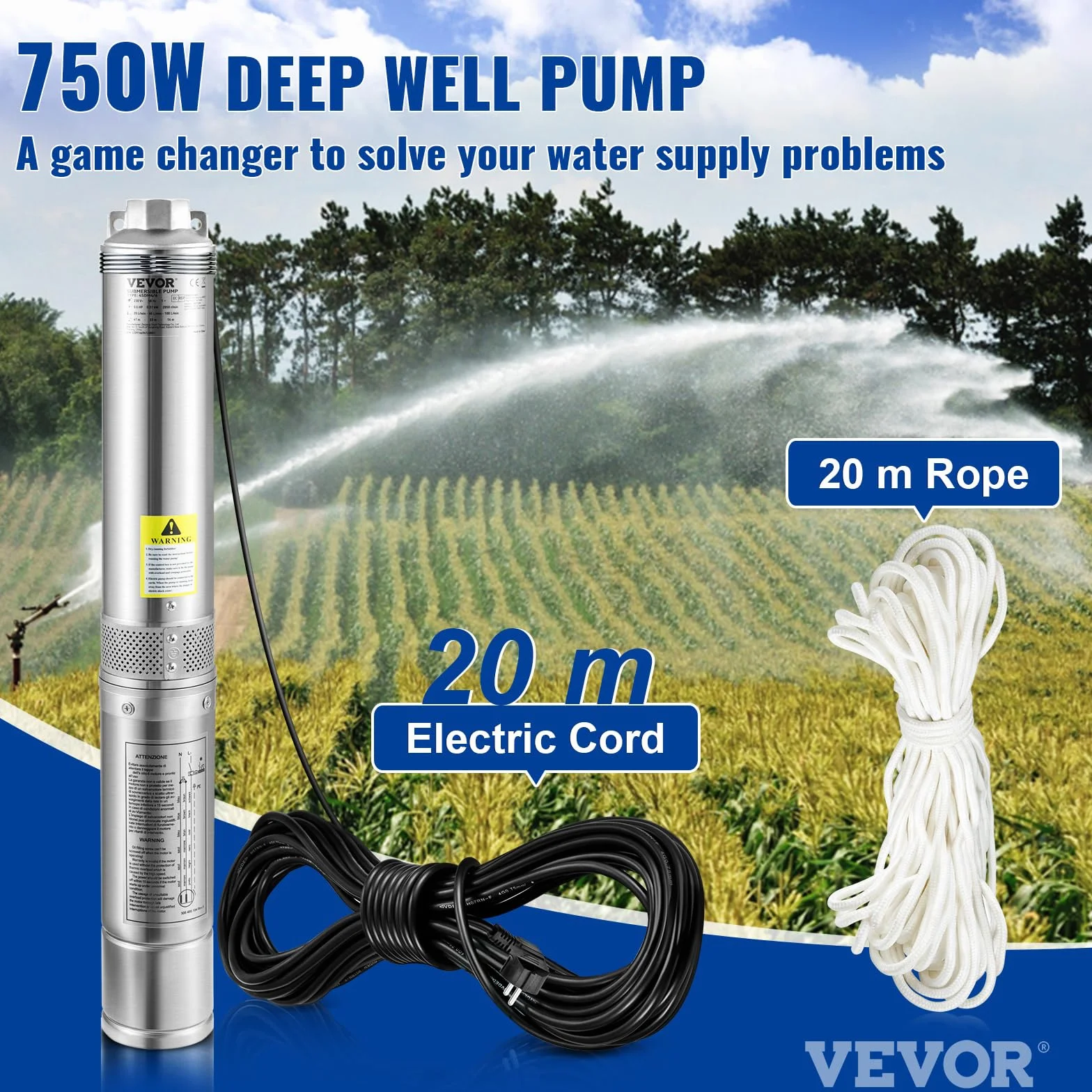 VEVOR Bomba de Pozo Profundo 750 W Sumergible 230V 50 Hz 105 L/min