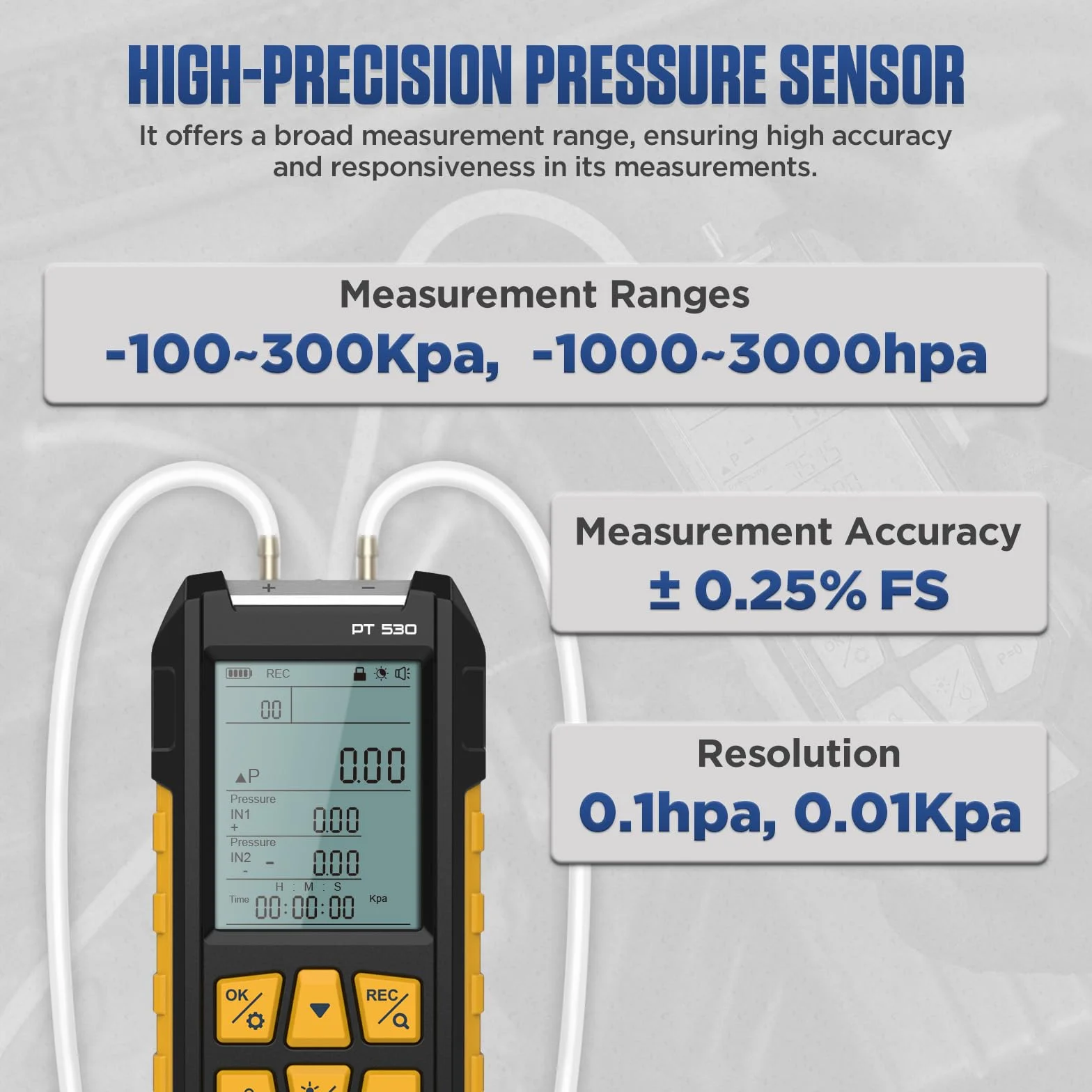Manómetro de presión de gas PT530 de -100 a 300 KPa, medidor de presión de campo digital, HVAC, 10 unidades, 7 adaptadores, bloqueo y almacenamiento de datos, parte trasera magnética