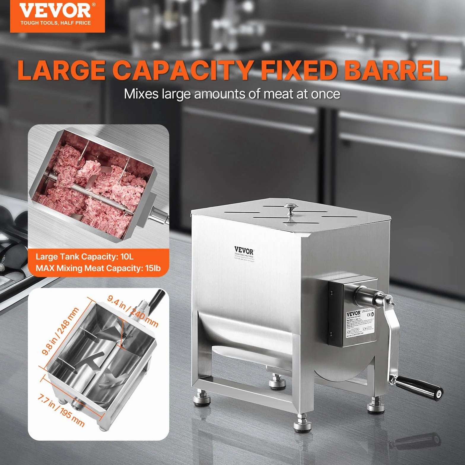 VEVOR Mezcladora de Carne Manual Tanque de 10 L, Equipo de Procesamiento de Carne, Capacidad Máxima de Mezcla de 6,8 kg, Mezcladora de Salchichas de Acero Inoxidable con Tapa, Caja de Engranajes