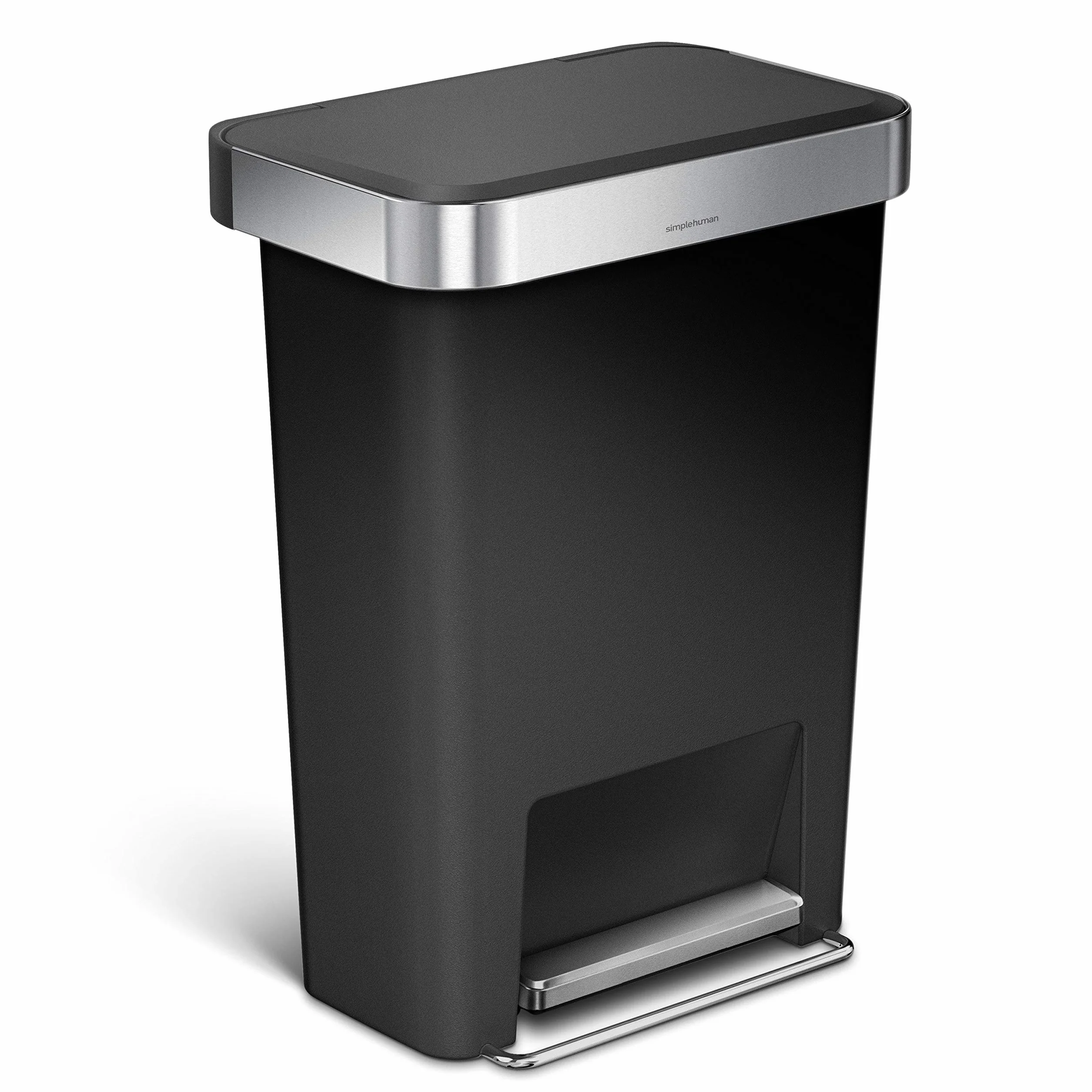 simplehuman, cubo rectangular con pedal y almacén de bolsas de basura, plástico negro, 45 L