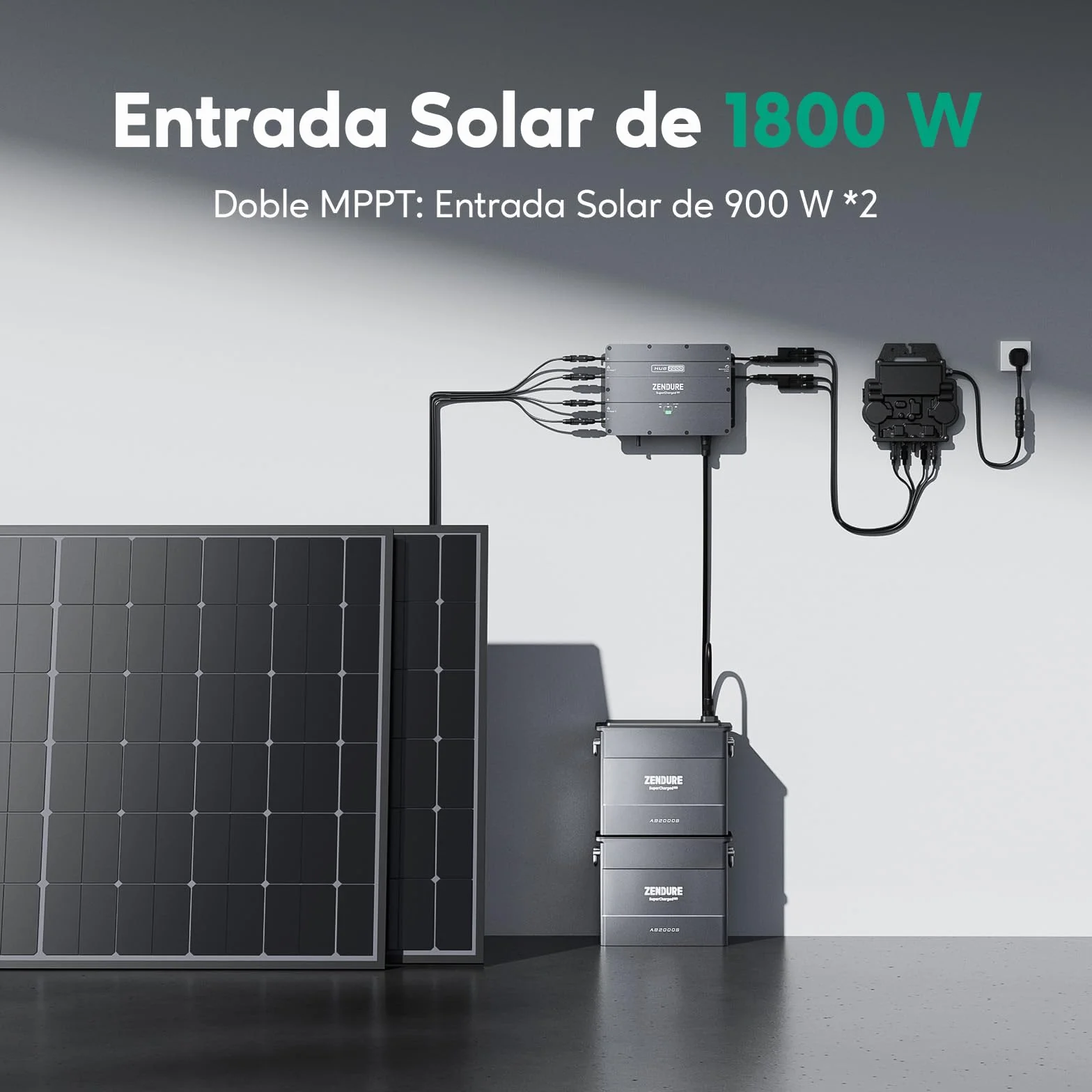 Zendure SolarFlow, Estación eléctrica para balcón, HUB 2000 con entrada solar 1800W, AB2000X con capacidad 1920Wh, capacidad extensible de 7680Wh, salida 1200W, fácil instalación, IP65, 0 dB, APP