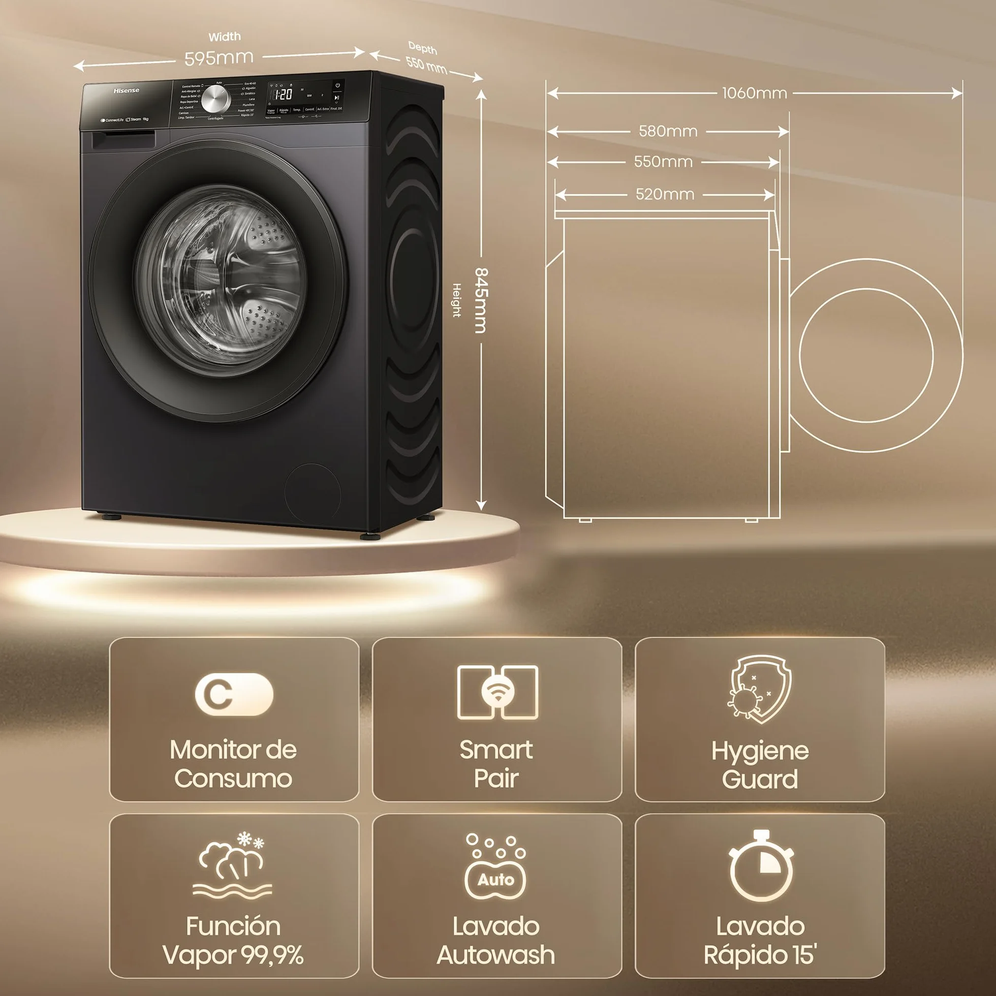 Hisense WF3S9043BB3 Lavadora 9 Kg 1400 RPM Clase A-30%/D 60 cm Negro