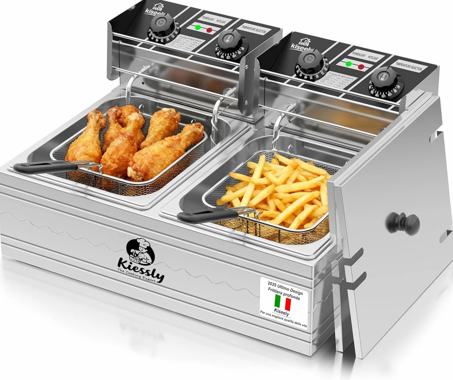 Freidora eléctrica de 20L, freidora comercial de 3500W con cestas y tapas, freidora de cocina de acero inoxidable con doble tanque y control de tiempo y temperatura (Freidora doble de 20L)