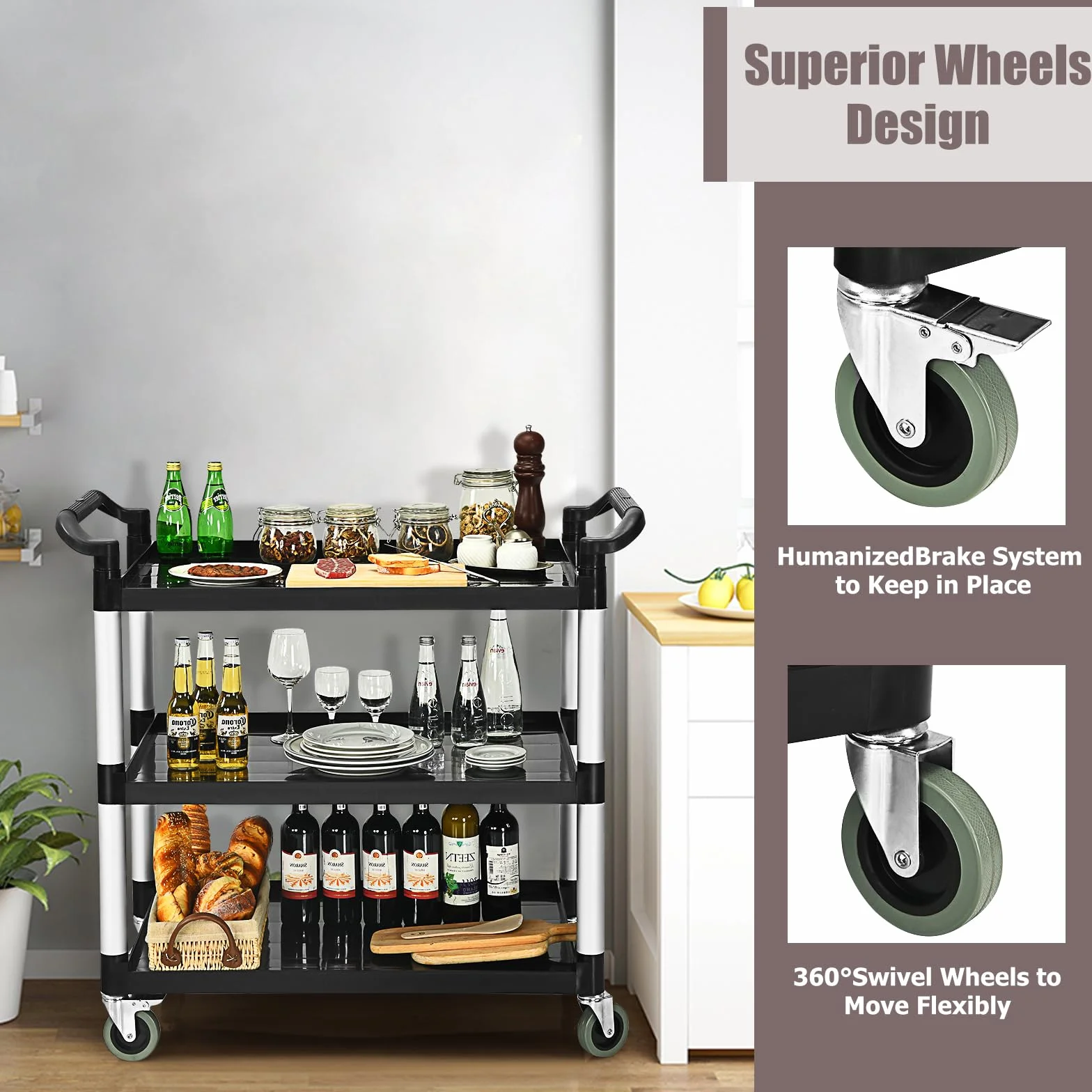 KOMFOTTEU Carro de Servicio de 3 Niveles, Carrito de Cocina con Ruedas, Capacidad de Carga 50 kg, 103 x 49 x 98 cm