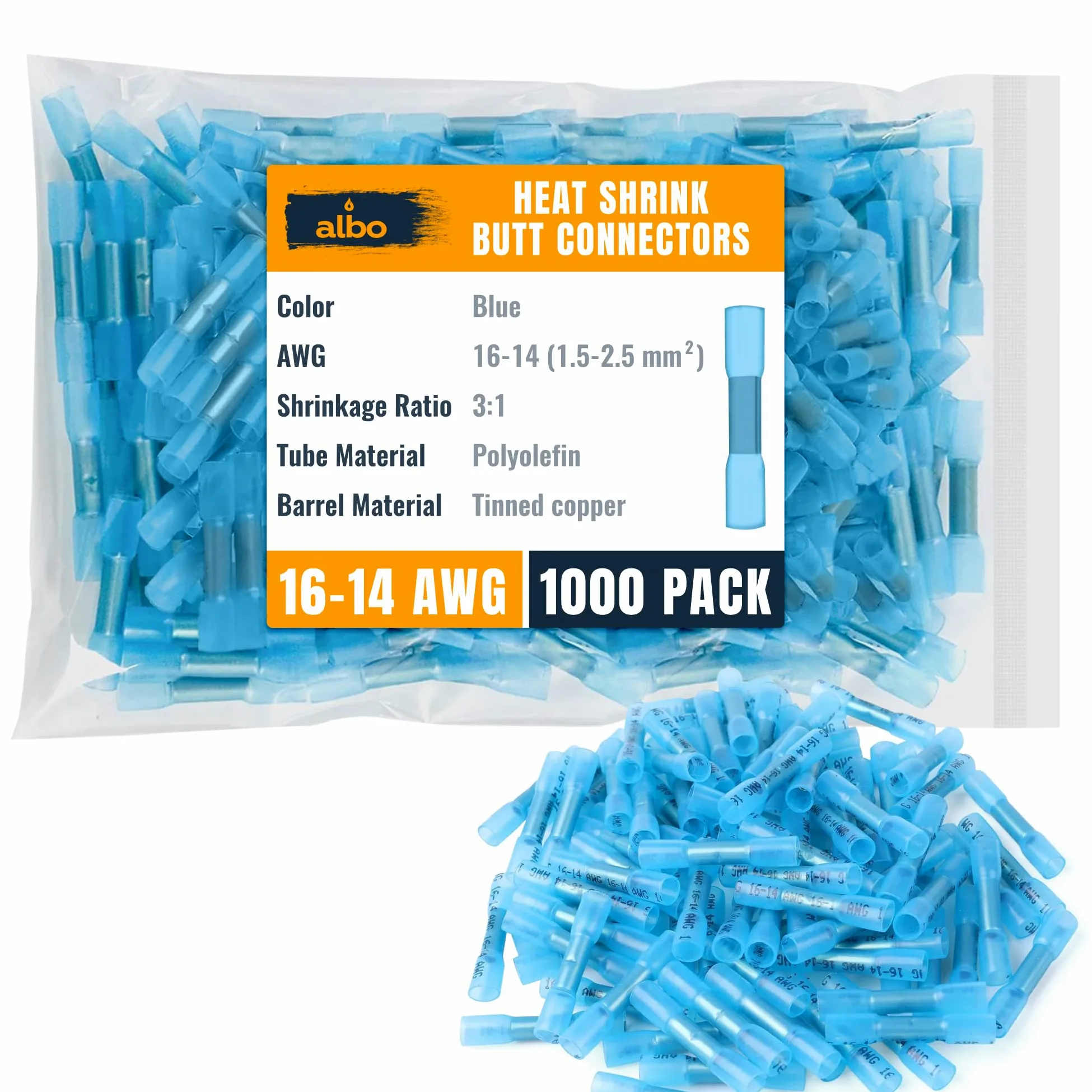 ALBO 1000 conectores termorretráctiles de 16 a 14 AWG, cobre estañado de 0,8 mm, conectores de alambre de crimpado aislados de grado marino, conectores eléctricos impermeables, empalme a tope para