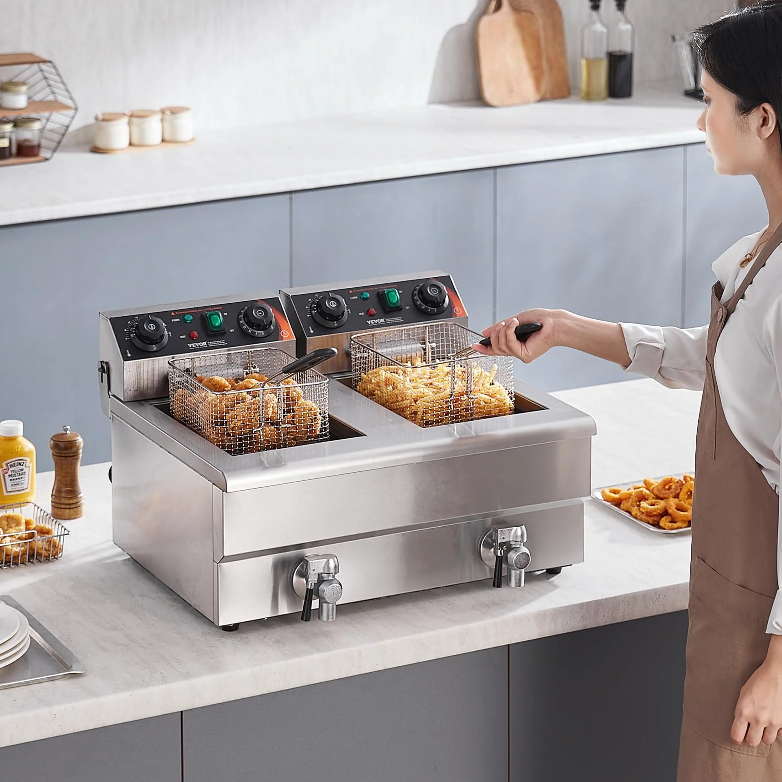 VEVOR Freidora Eléctrica Comercial 3000 W 2 Tanques 2 x 11 L, Freidora de Aceite de Acero Inoxidable con 2 Cestas para Freír Temperatura y Tiempo Ajustables, para Aros de Cebolla, Patatas Fritas