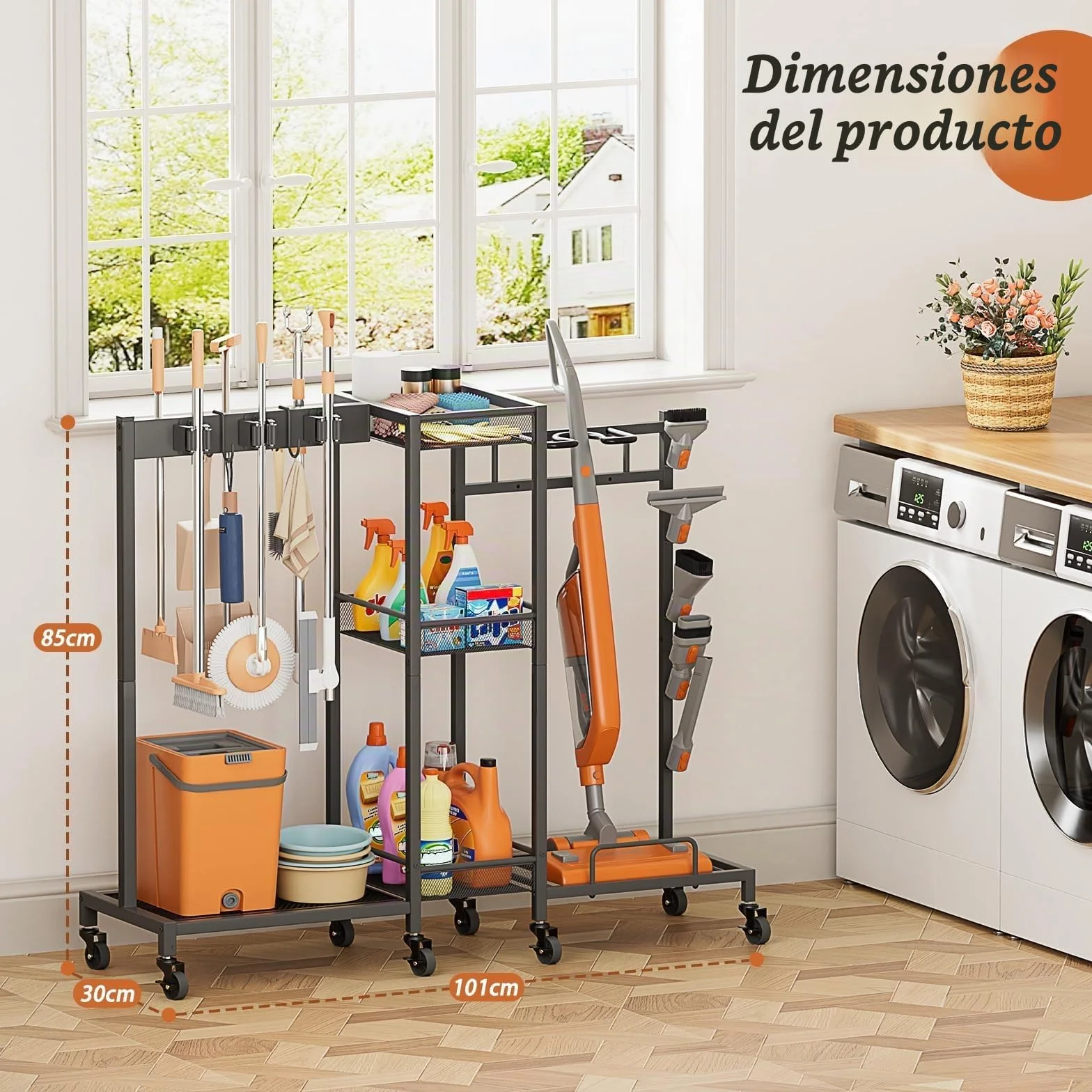 Bikoney Carro de Limpieza con Ruedas y Soporte para Escobas, Organizador de Productos de Limpieza con Armario y Estantes, Carrito Multiusos para Aspiradora y Fregonas, Ideal para Lavandería y Hogar