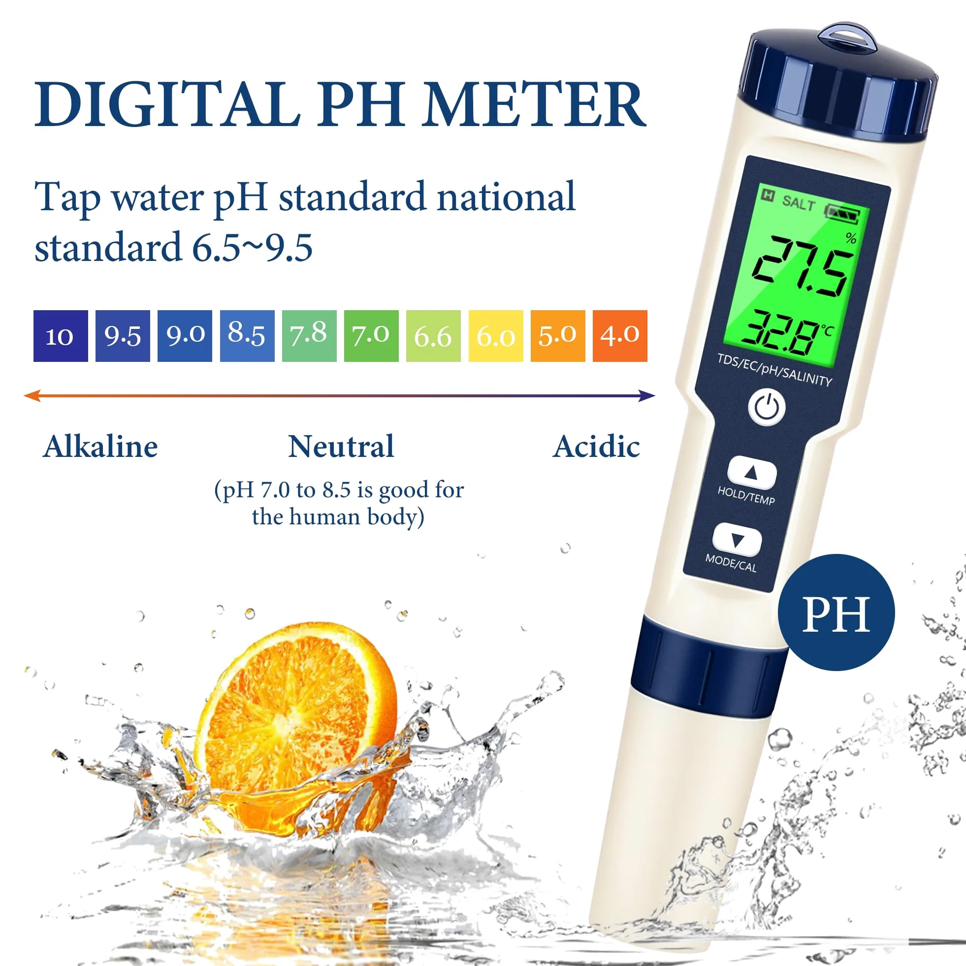 Medidor de pH y medidor de pH digital, probador de agua 5 en 1, probador de salinidad de pH de temperatura EC y TDS, medidor de pH para agua con retroiluminación LCD, kits de prueba de agua para agua