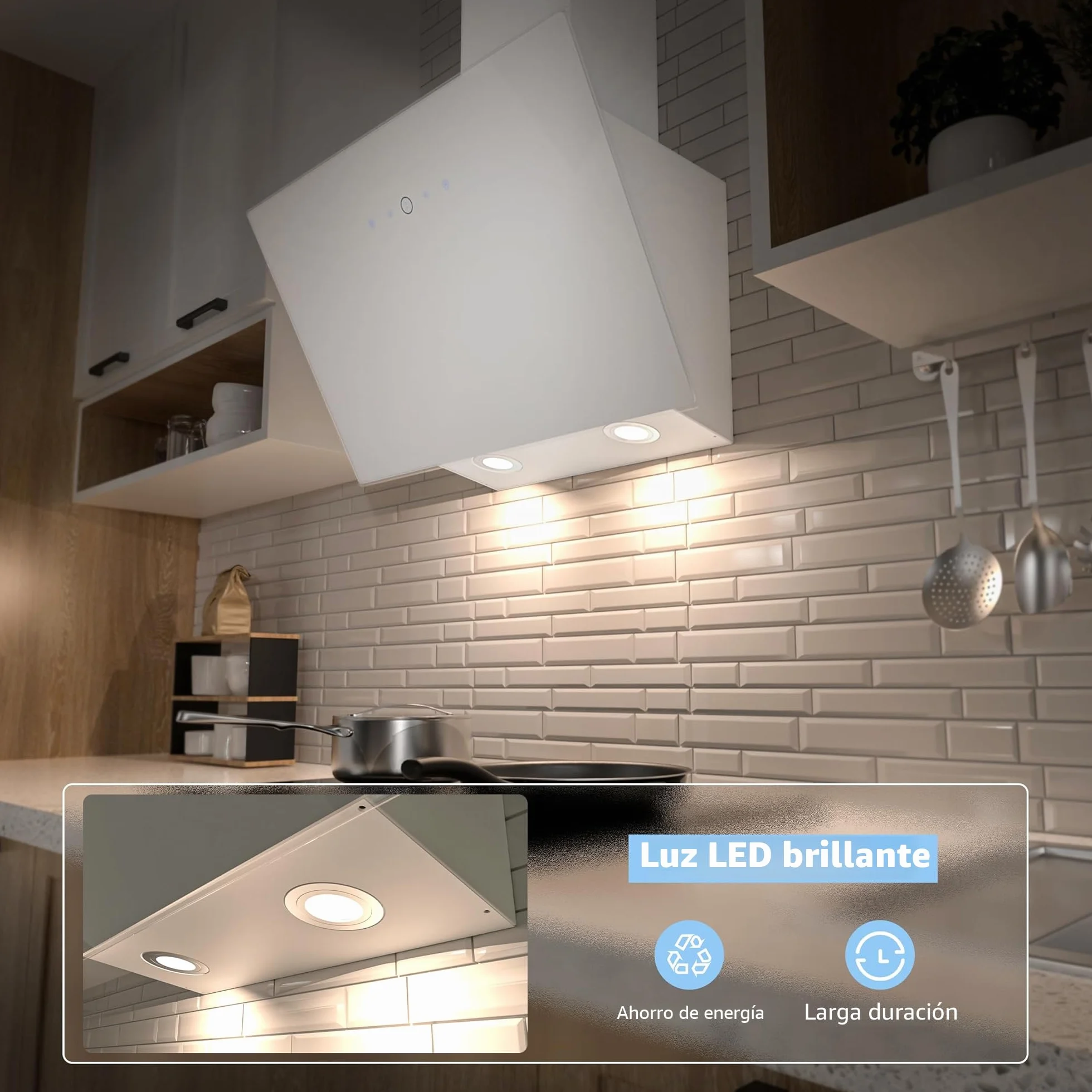 FIREGAS Campana extractora 60cm 578 m³/h Motor sin escobillas Digital touch 9 velocidades LED Recirculante Extracción Incluye filtro de carbón Cristal Blanco