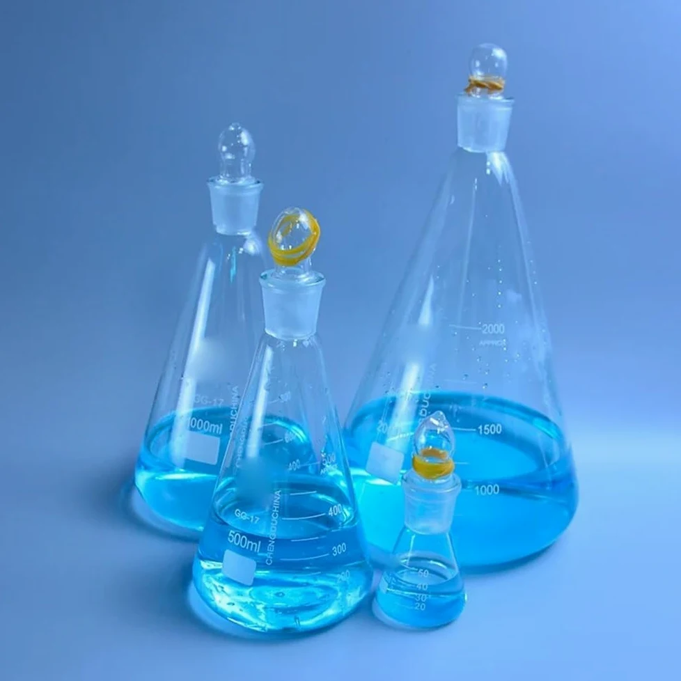 Cristalería de Laboratorio Matraz Erlenmeyer de vidrio de 150-2000 ml con tapa, de vidrio, for laboratorio, triangular, de 3,3 mm.(2000ml)