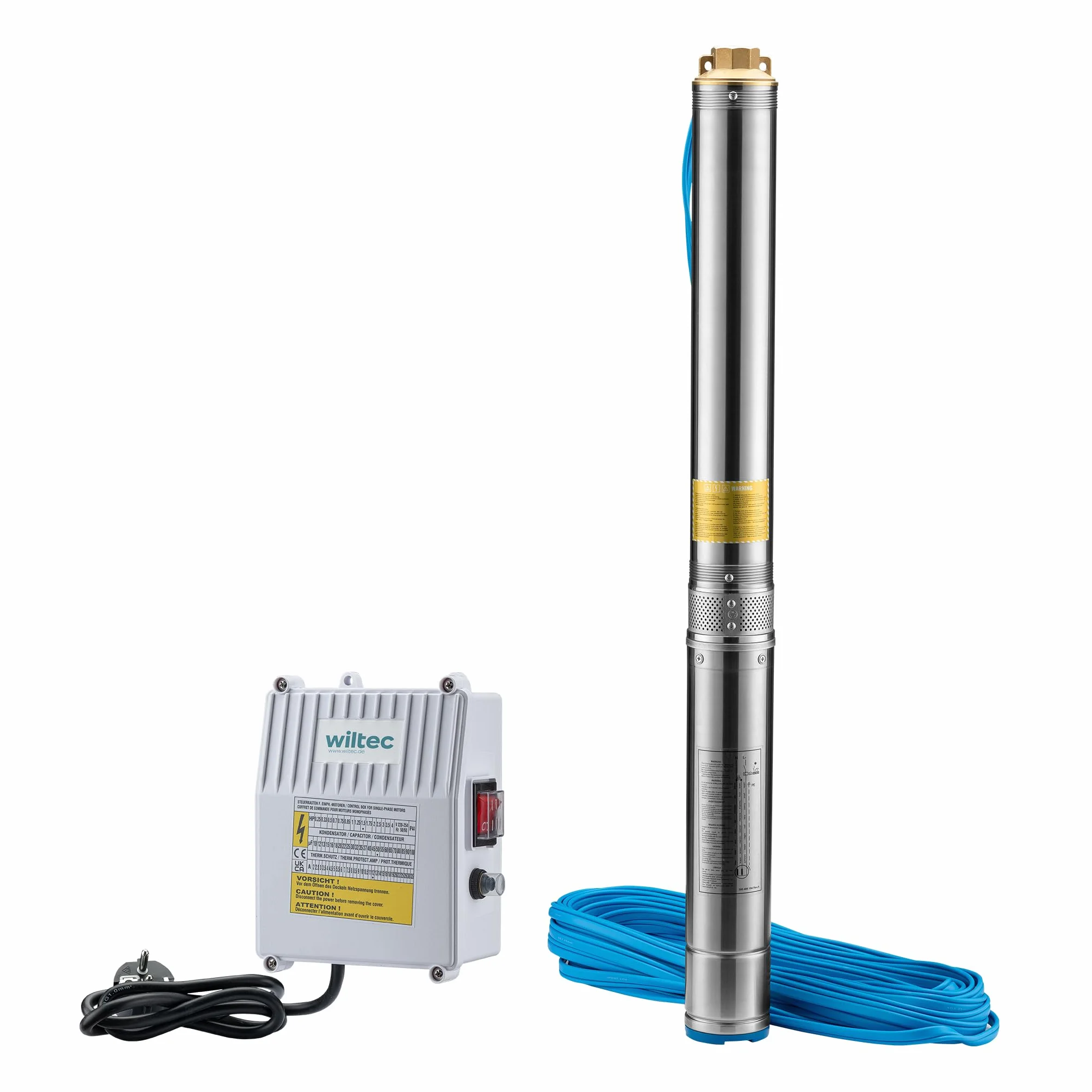 Wiltec Bomba para pozos profundos de 4" y 550 W, bomba de agua con un caudal de 6000 l/h, sifón sumergible con profundidad de inmersión máx.de 20 m y altura de elevación máx. de 59 m