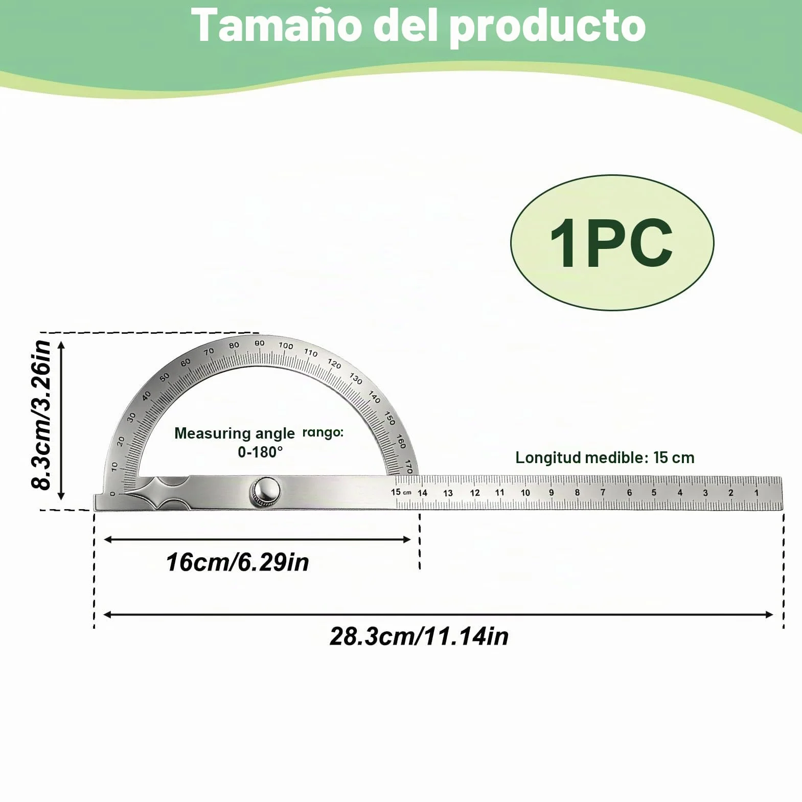 Transportador de Ángulos Metal Acero Inoxidable 15cm Regla Goniómetro Ajustable con Tornillo Fijación Herramienta Medición Carpintería