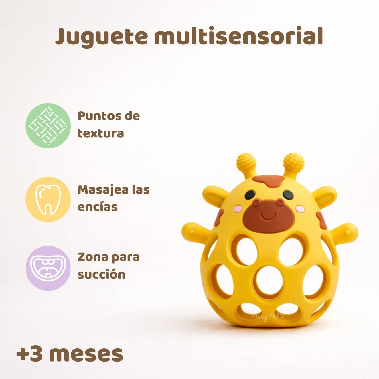 MuyPetit Jirafa Sonajero y Mordedor para bebé, Libre de BPA, Juegos bebe 0-6 meses, Juguete Montessori, Regalo recien nacido Beige