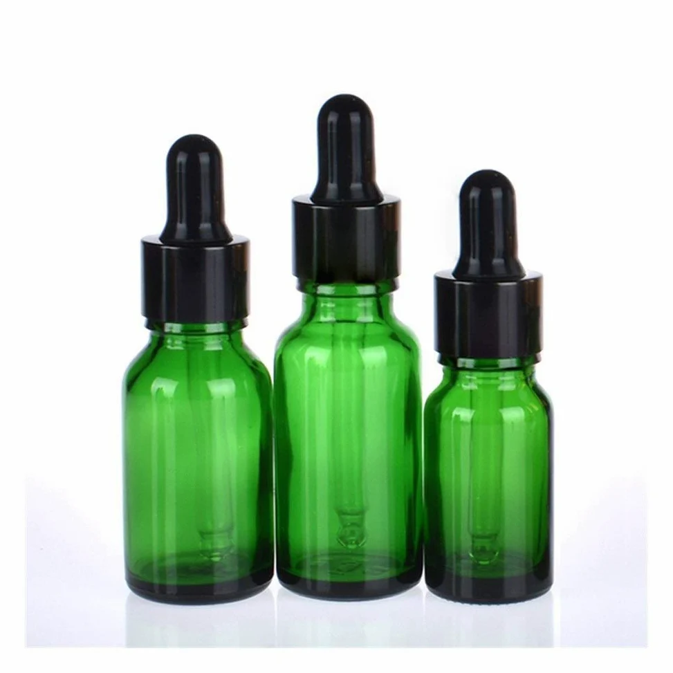 Casa de repuesto vacía MASCOTA Botellas 20pcs 5ml-100ml botellas vacías de vidrio ámbar cuentagotas esencial de aromaterapia verde gota del aceite de la botella de líquido reactivo Pipetear recargable